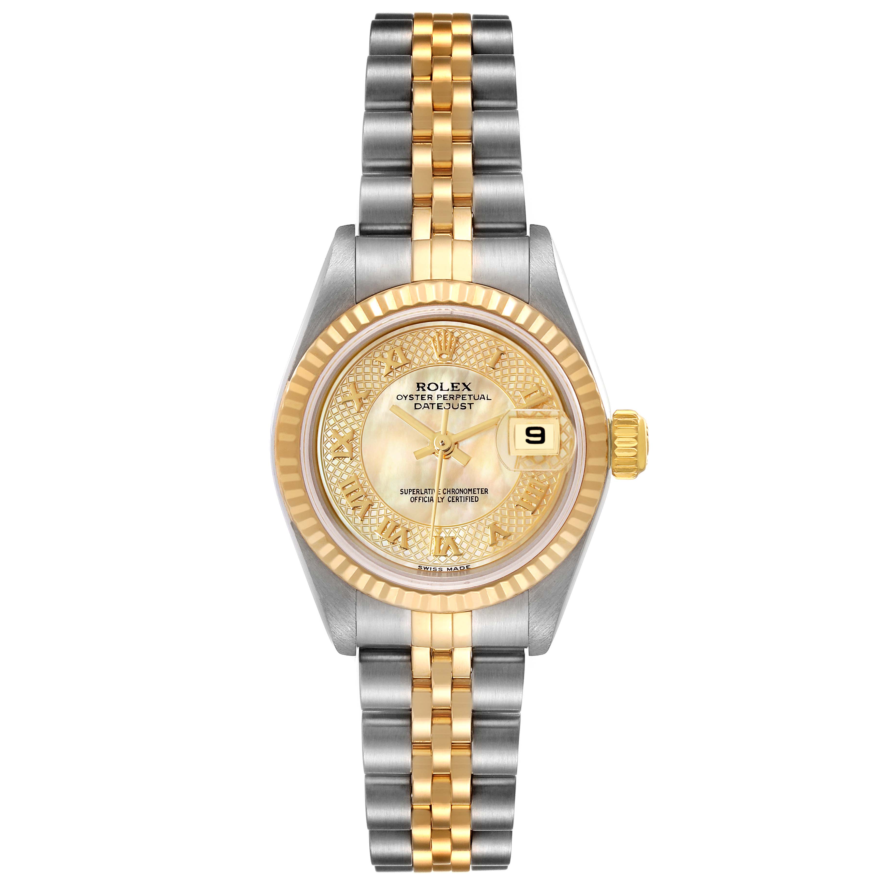 The image shows a front view of a Rolex Datejust 79173 Women's Steel and Gold (two tone) Mother of Pearl Dial 79173 Women's Steel and Gold (two tone) Mother of Pearl Dial watch with a two-tone bracelet and a gold dial.