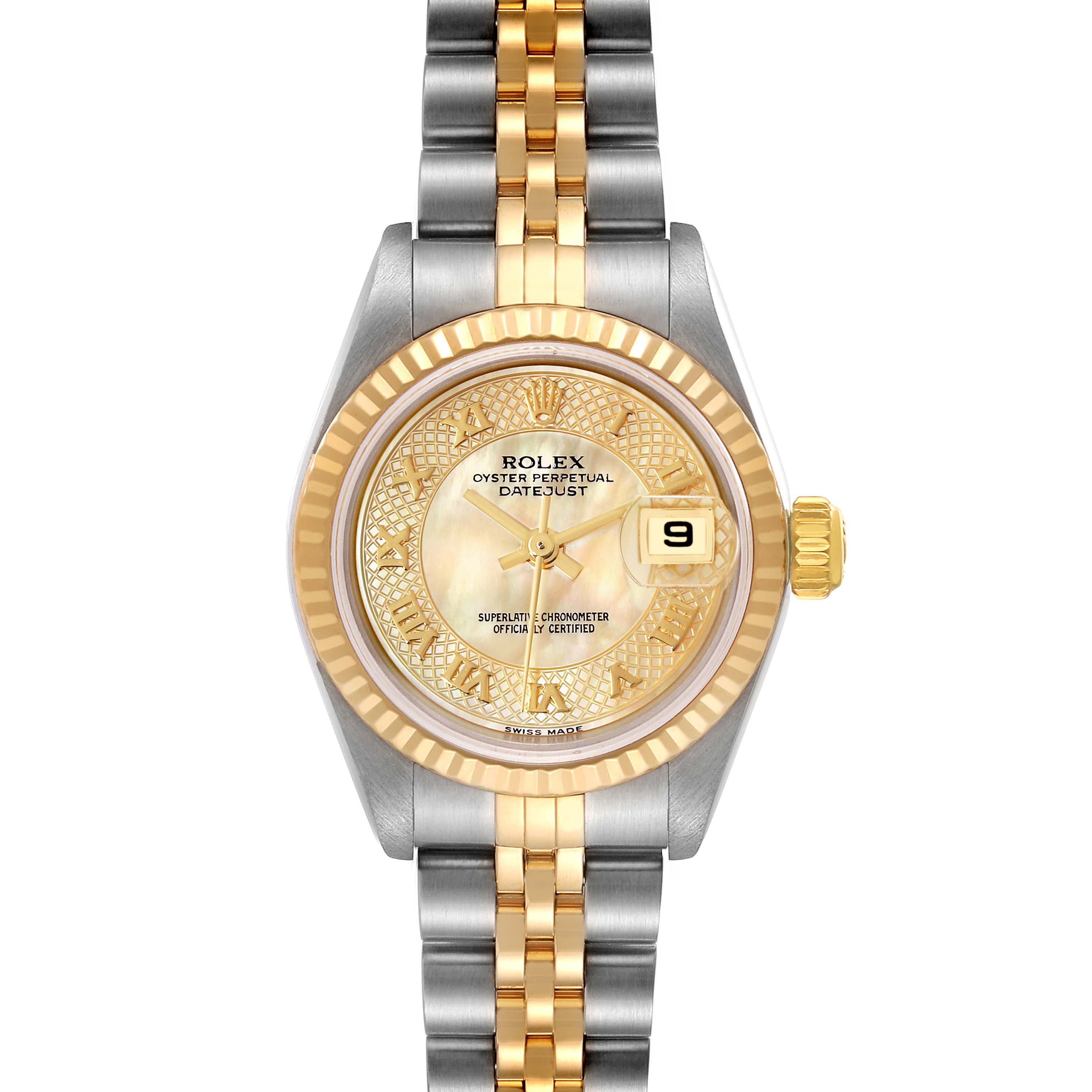 This image shows a front view of a Rolex Datejust 79173 Women's Steel and Gold (two tone) Mother of Pearl Dial 79173 Women's Steel and Gold (two tone) Mother of Pearl Dial watch, highlighting its two-tone bracelet, dial, and fluted bezel.