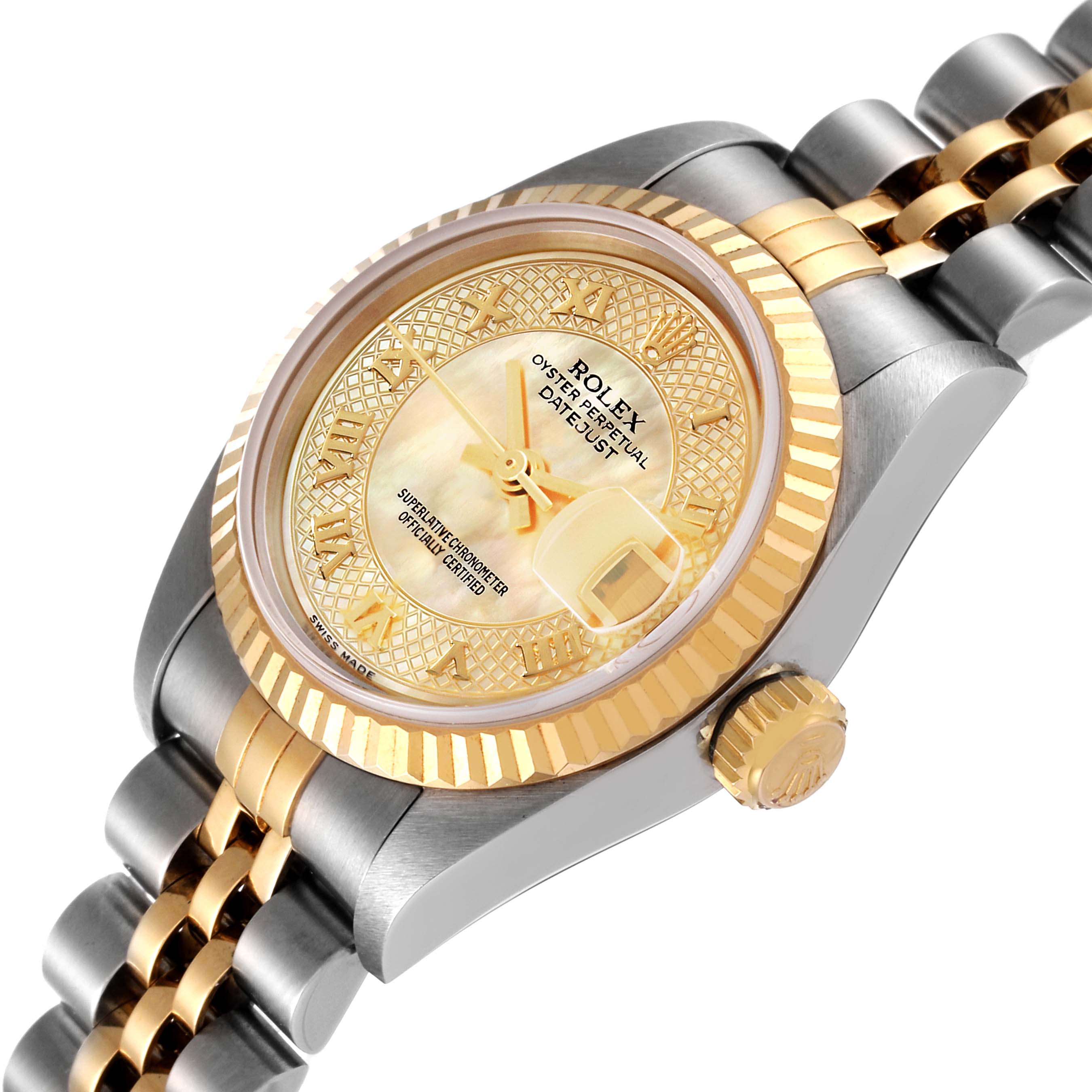 The image shows a close-up angled view of the Rolex Datejust 79173 Women's Steel and Gold (two tone) Mother of Pearl Dial 79173 Women's Steel and Gold (two tone) Mother of Pearl Dial watch featuring its dial, crown, and two-tone bracelet.