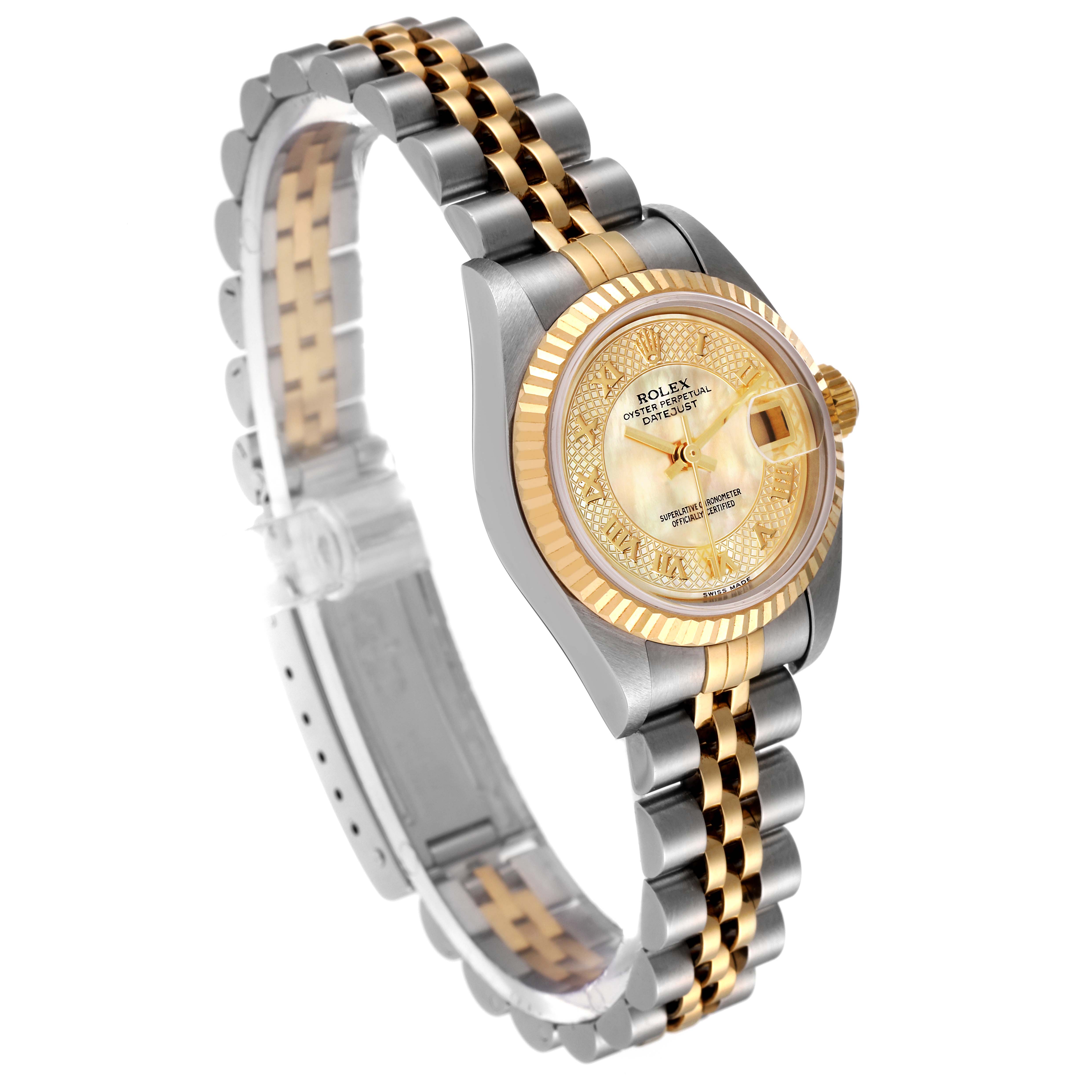 The Rolex Datejust 79173 Women's Steel and Gold (two tone) Mother of Pearl Dial 79173 Women's Steel and Gold (two tone) Mother of Pearl Dial watch is shown at a three-quarter angle, displaying the gold and stainless steel bracelet and the detailed dial.