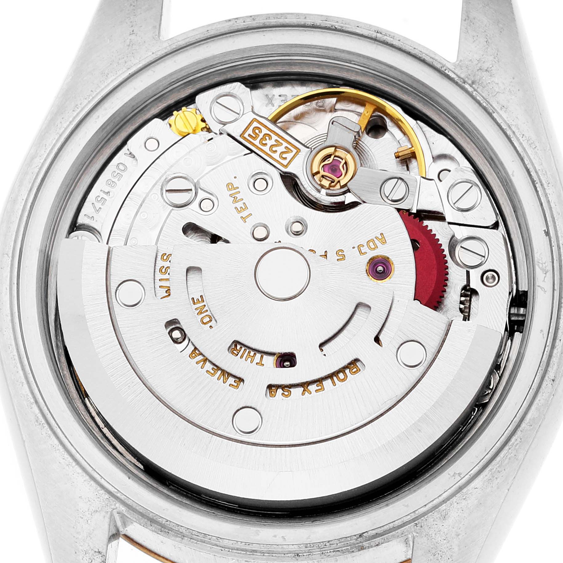This image shows the internal movement mechanism of a Rolex Datejust 79173 Women's Steel and Gold (two tone) Mother of Pearl Dial 79173 Women's Steel and Gold (two tone) Mother of Pearl Dial watch from a back angle.