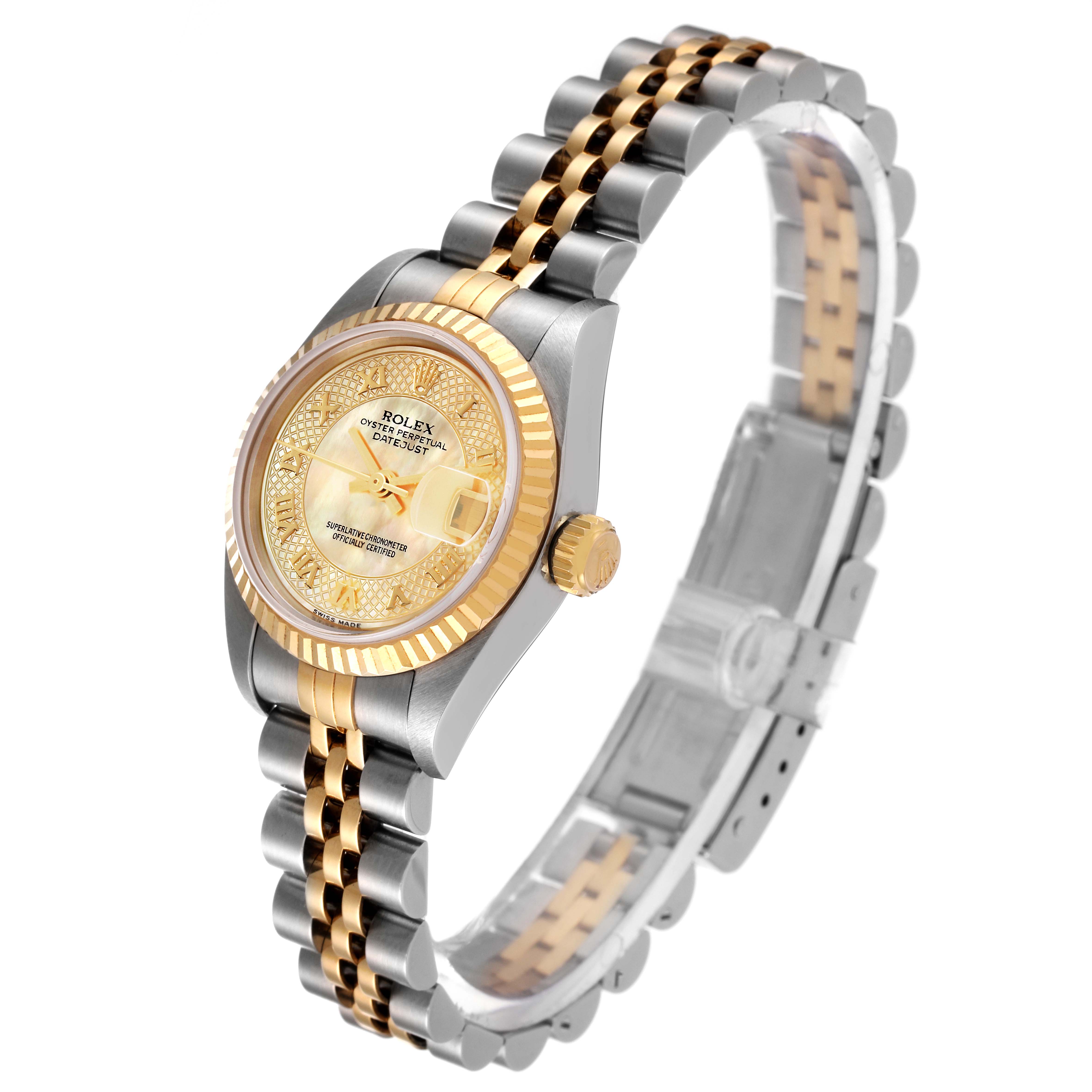 This Rolex Datejust 79173 Women's Steel and Gold (two tone) Mother of Pearl Dial 79173 Women's Steel and Gold (two tone) Mother of Pearl Dial watch is shown from an angled view, highlighting the face, bezel, and two-tone bracelet.