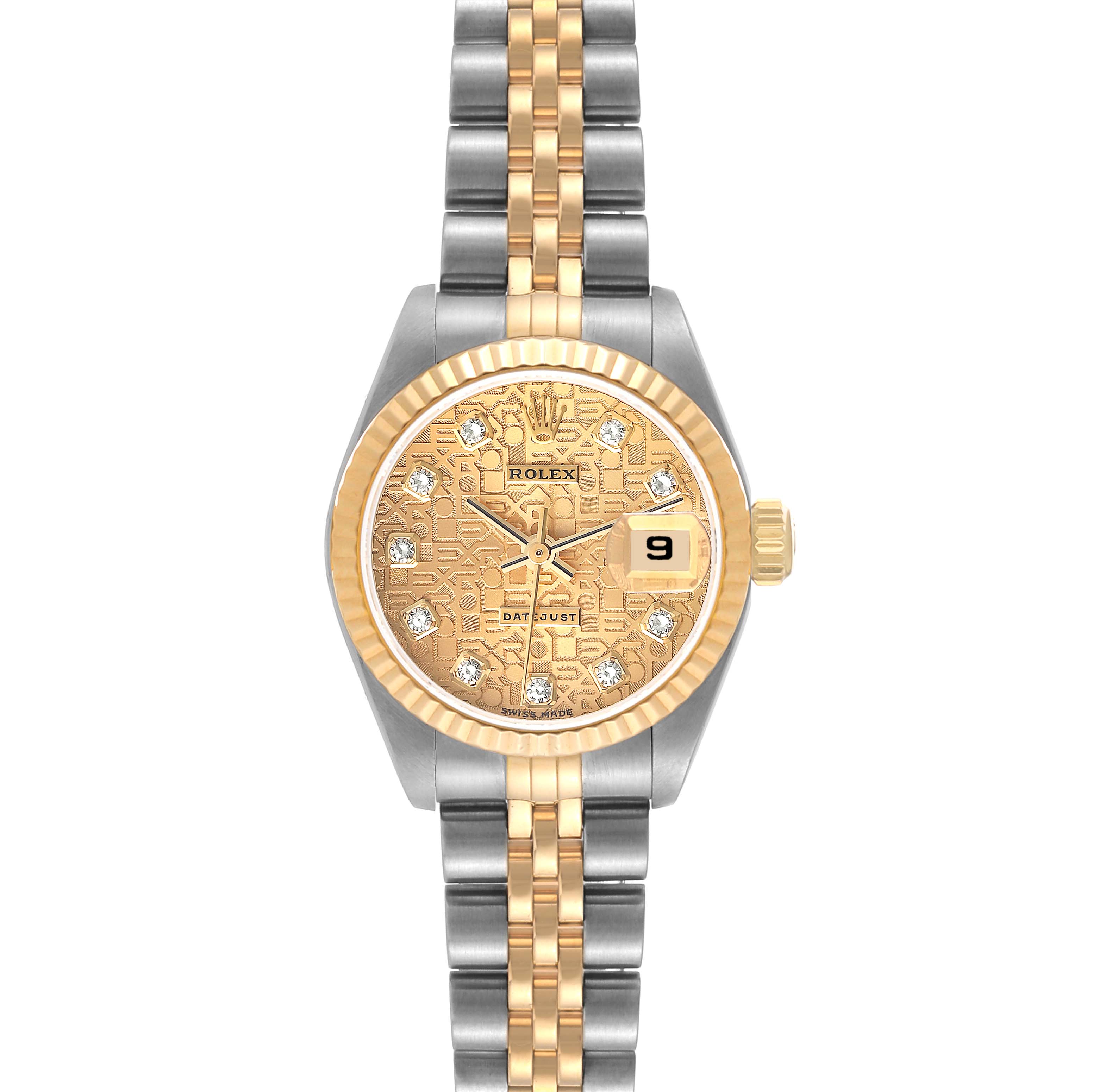 This Rolex Datejust 79173 Women's Steel and Gold (two tone) Champagne Dial 79173 Women's Steel and Gold (two tone) Champagne Dial watch is shown from a front angle, displaying its face, bezel, crown, and metal bracelet.