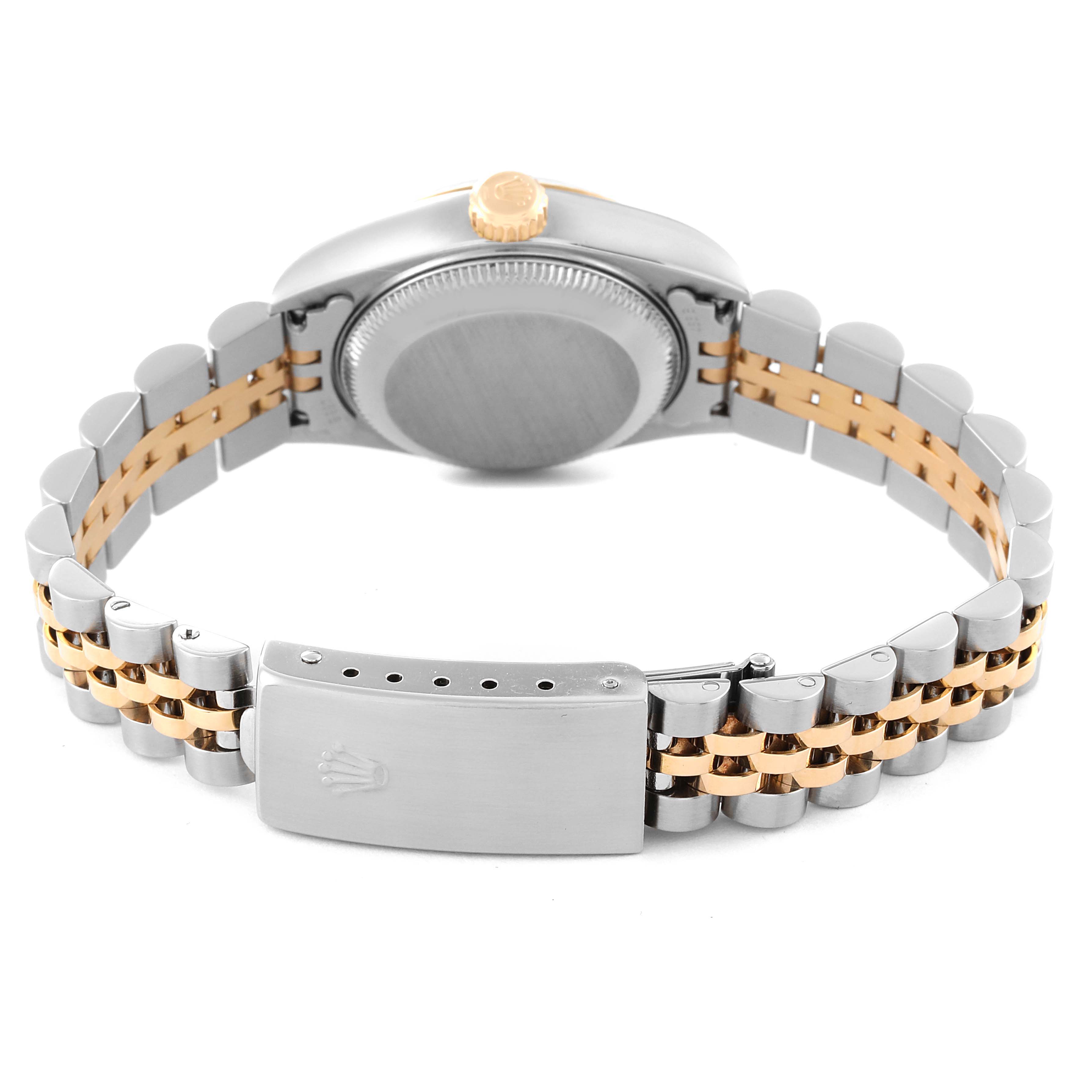 This image shows the back of a Rolex Datejust 79173 Women's Steel and Gold (two tone) Champagne Dial 79173 Women's Steel and Gold (two tone) Champagne Dial watch, including the bracelet and clasp, highlighting its two-tone design.