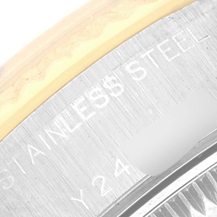 The image shows a close-up of the bezel and the engraved stainless steel markings on a Rolex Datejust 79173 Women's Steel and Gold (two tone) Champagne Dial 79173 Women's Steel and Gold (two tone) Champagne Dial watch.