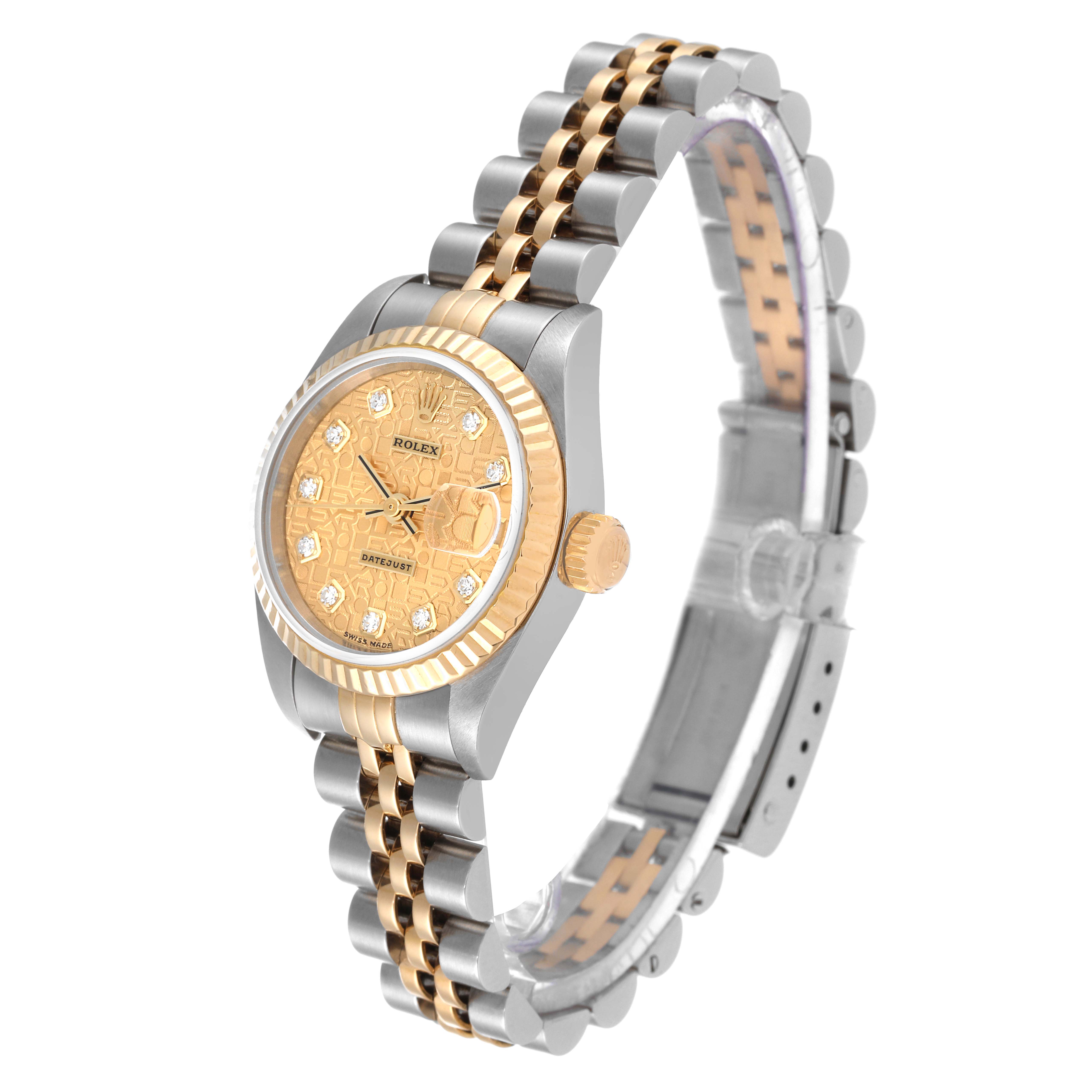 This image shows a Rolex Datejust 79173 Women's Steel and Gold (two tone) Champagne Dial 79173 Women's Steel and Gold (two tone) Champagne Dial watch at a slight angle, highlighting its face, crown, and two-tone band.