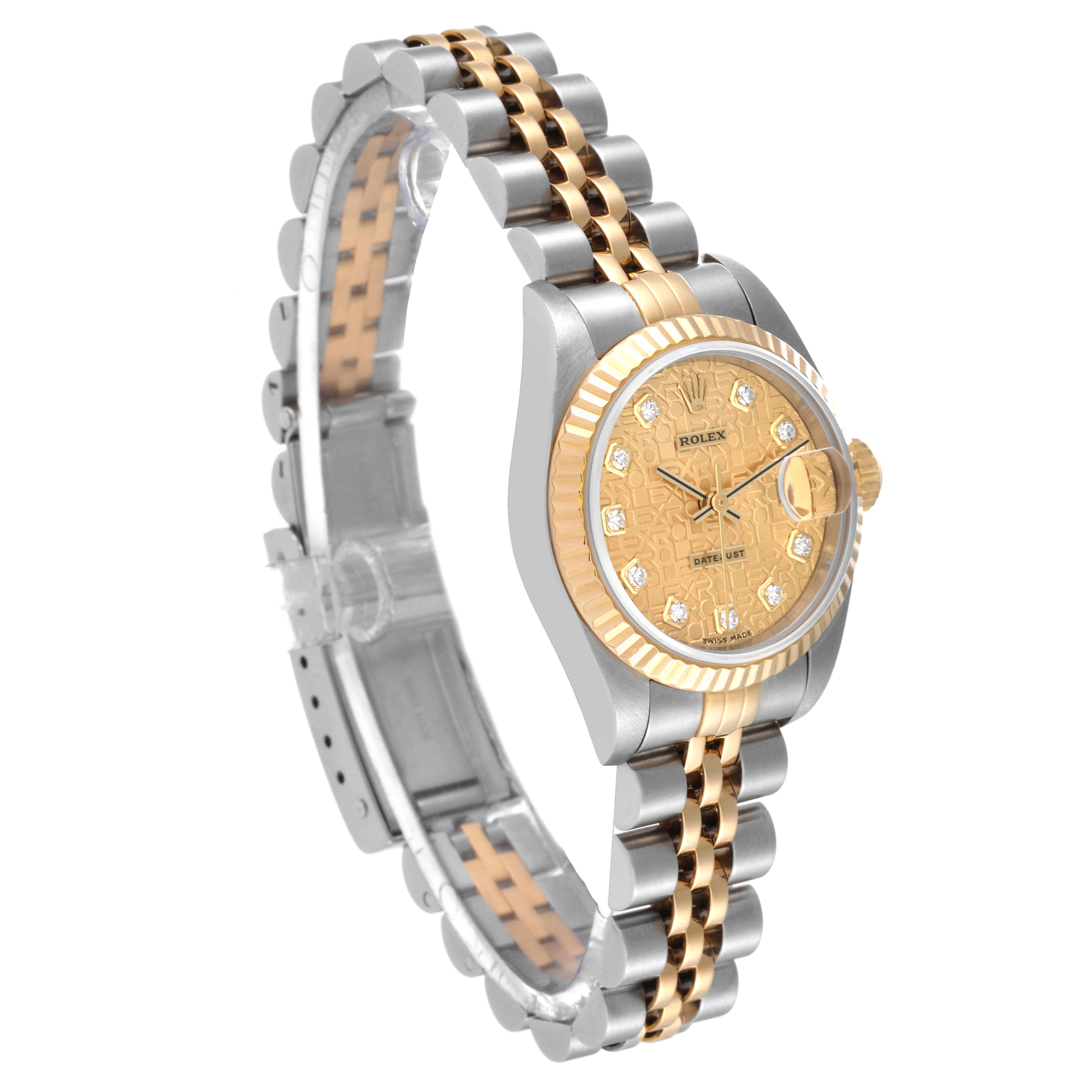 The image shows a side angle of a Rolex Datejust 79173 Women's Steel and Gold (two tone) Champagne Dial 79173 Women's Steel and Gold (two tone) Champagne Dial watch, highlighting its dial, crown, and two-tone bracelet.