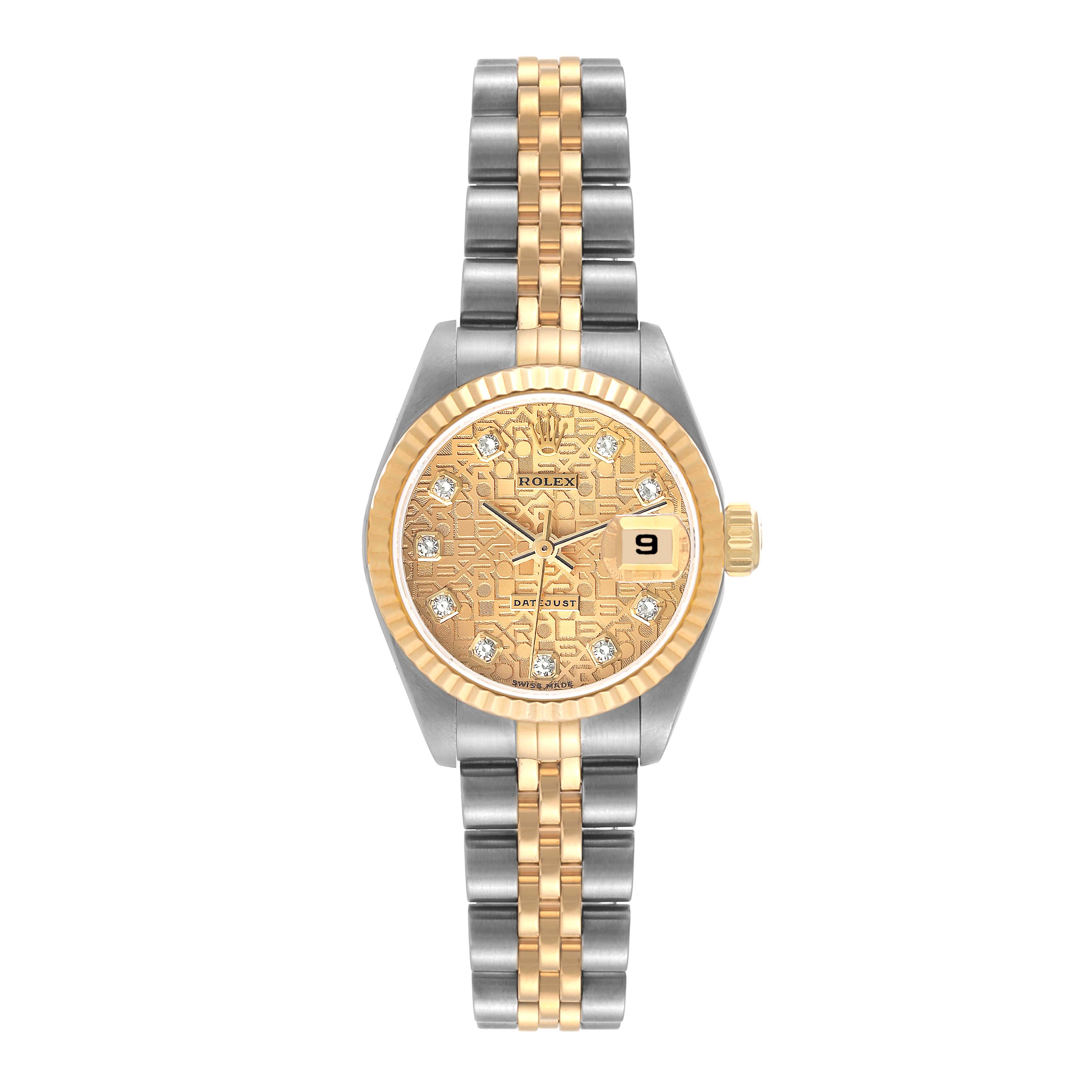 The image shows a Rolex Datejust 79173 Women's Steel and Gold (two tone) Champagne Dial 79173 Women's Steel and Gold (two tone) Champagne Dial watch from the front, featuring a gold and silver bracelet, a gold-patterned dial, and a date window.