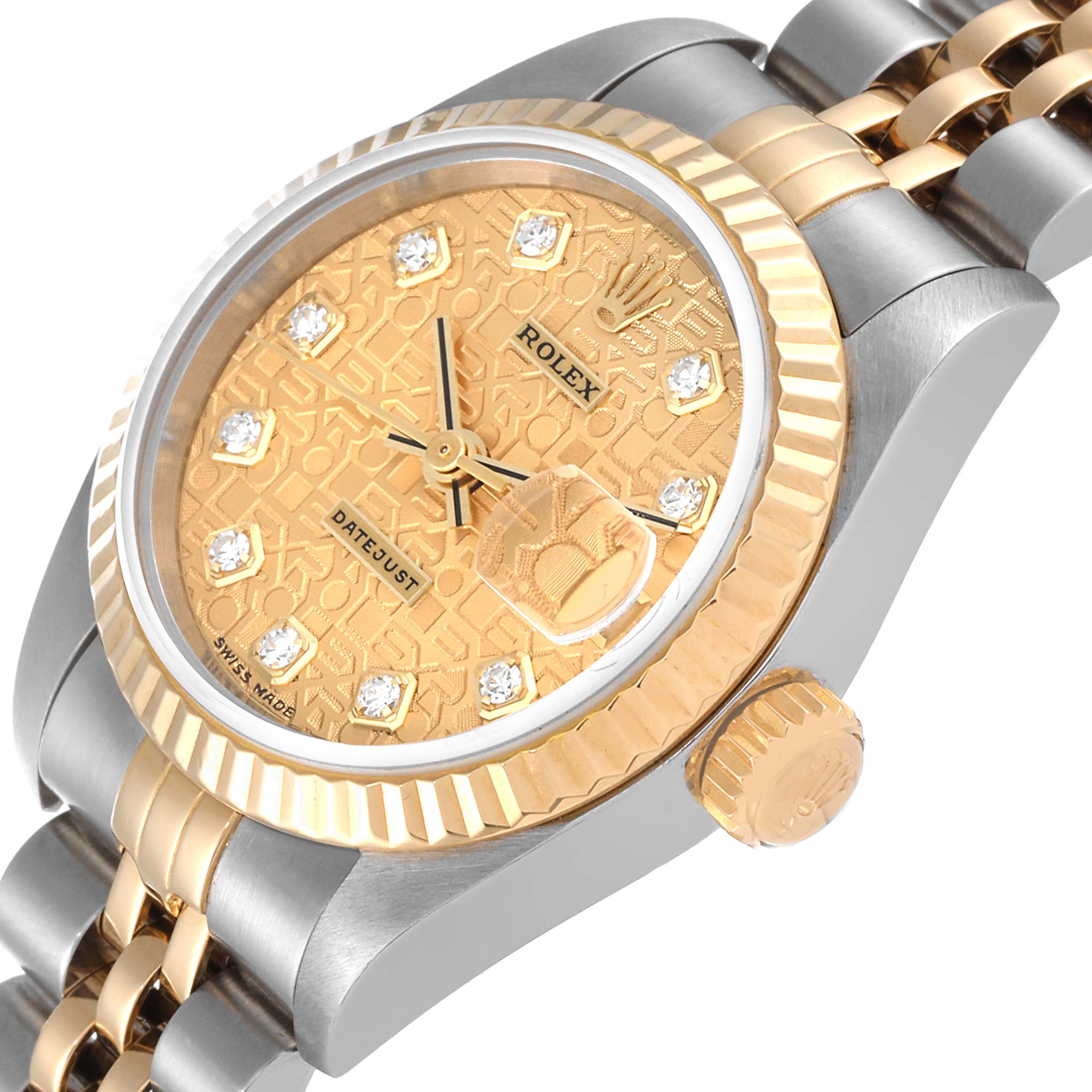 The image shows a Rolex Datejust 79173 Women's Steel and Gold (two tone) Champagne Dial 79173 Women's Steel and Gold (two tone) Champagne Dial watch at a slight angle, highlighting the dial, bezel, crown, and part of the bracelet.