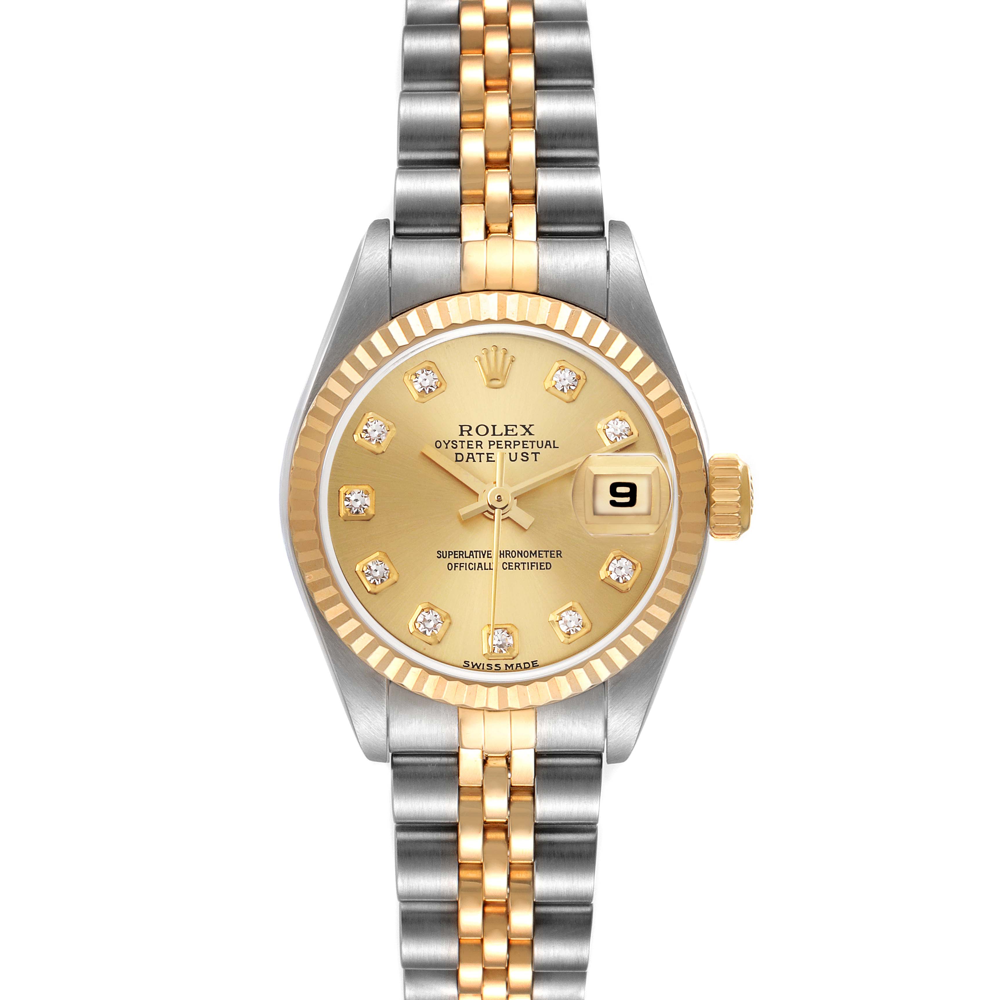 This image shows a Rolex Datejust 79173 Women's Steel and Gold (two tone) Champagne Dial 79173 Women's Steel and Gold (two tone) Champagne Dial watch from a top-down angle, highlighting the dial, bezel, and bracelet.