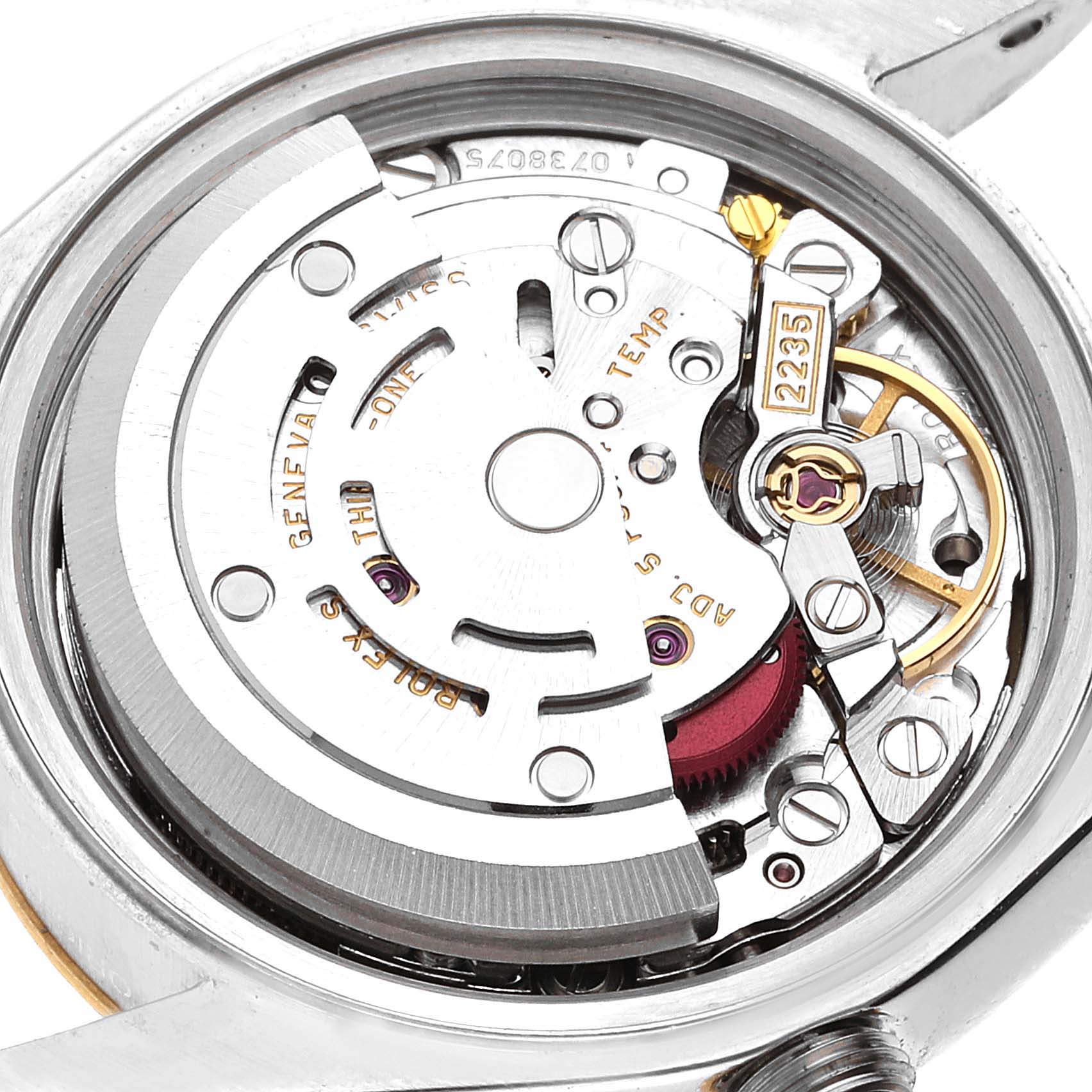 The image shows the internal mechanical movement of a Rolex Datejust 79173 Women's Steel and Gold (two tone) Champagne Dial 79173 Women's Steel and Gold (two tone) Champagne Dial model, viewed from the back.
