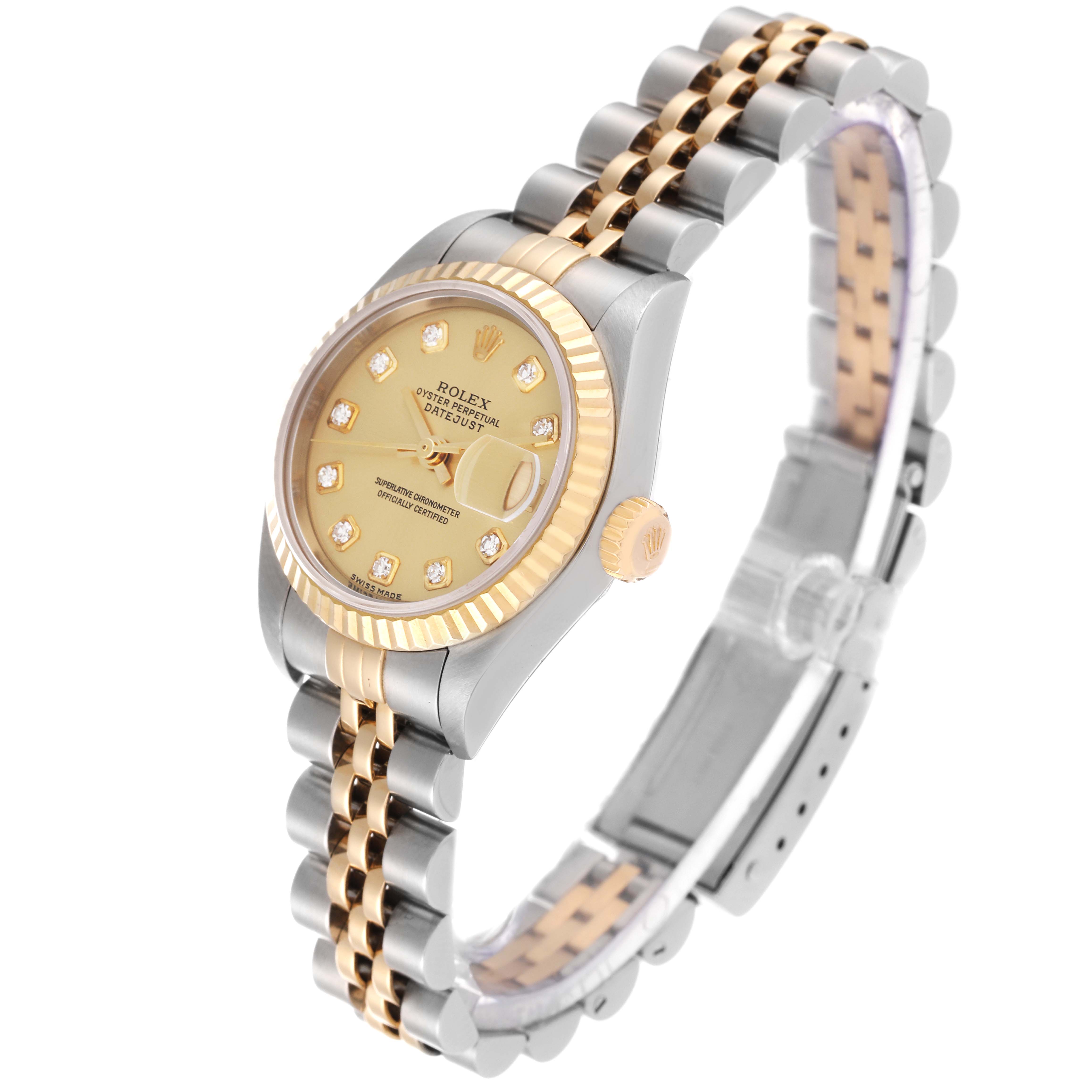 The image shows a Rolex Datejust 79173 Women's Steel and Gold (two tone) Champagne Dial 79173 Women's Steel and Gold (two tone) Champagne Dial watch at an angle highlighting its gold and silver bracelet with a diamond-studded dial.