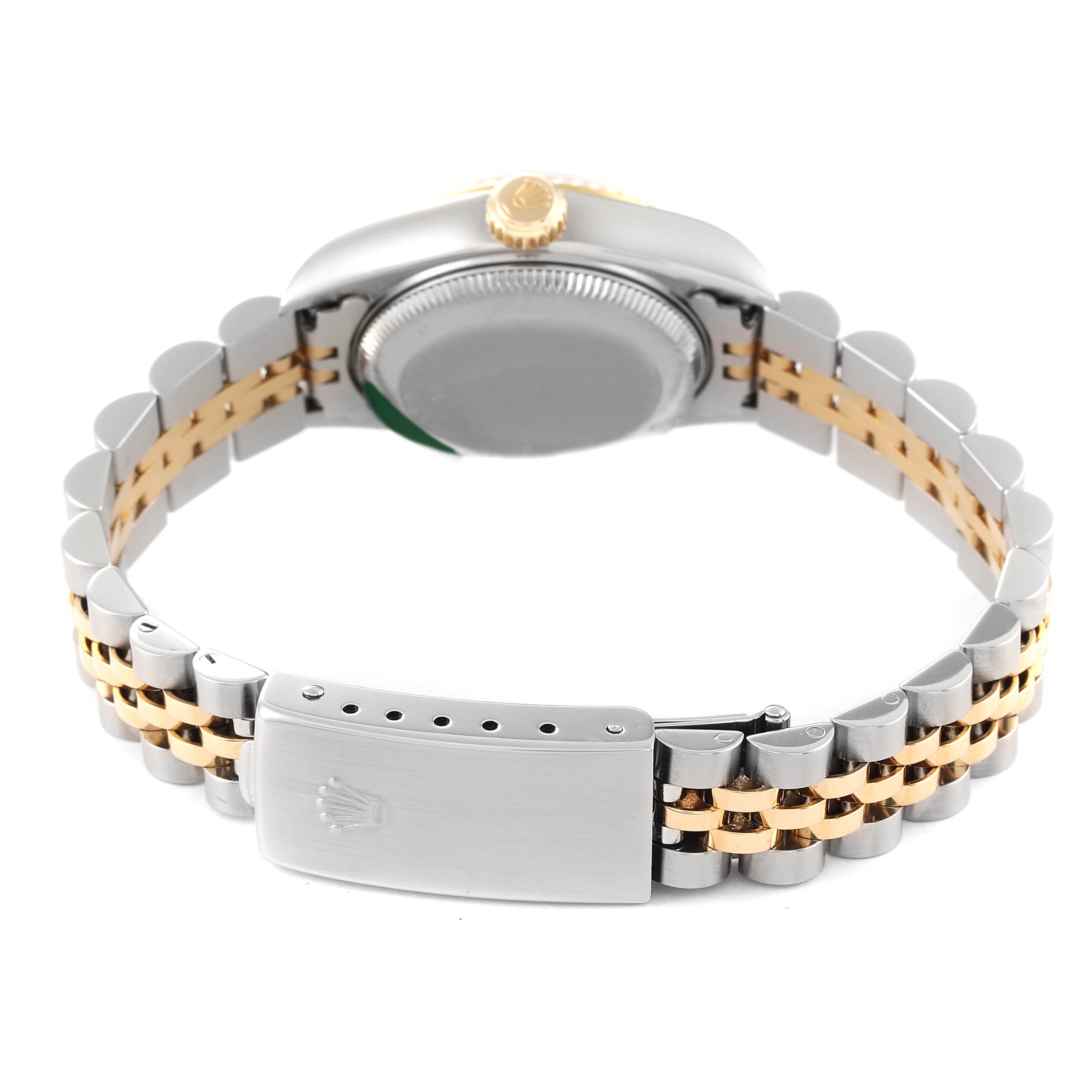 The image shows the rear view of a Rolex Datejust 79173 Women's Steel and Gold (two tone) Champagne Dial 79173 Women's Steel and Gold (two tone) Champagne Dial, highlighting its clasp, bracelet, and case back.