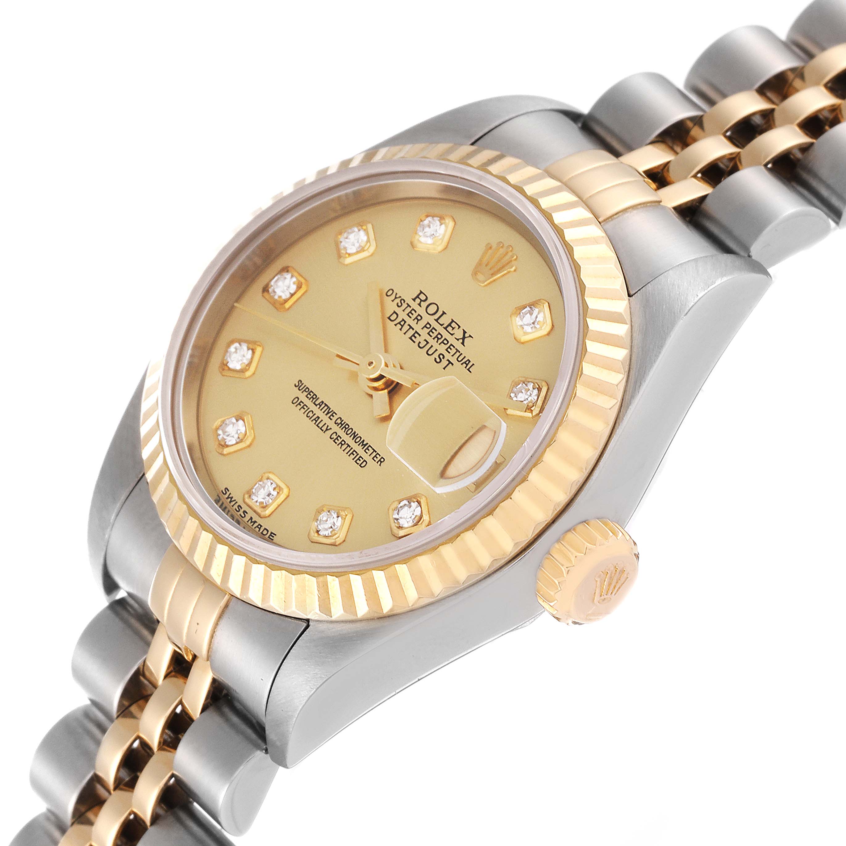 The image shows a side and partial top view of a Rolex Datejust 79173 Women's Steel and Gold (two tone) Champagne Dial 79173 Women's Steel and Gold (two tone) Champagne Dial watch, highlighting its gold and stainless steel design and dial.