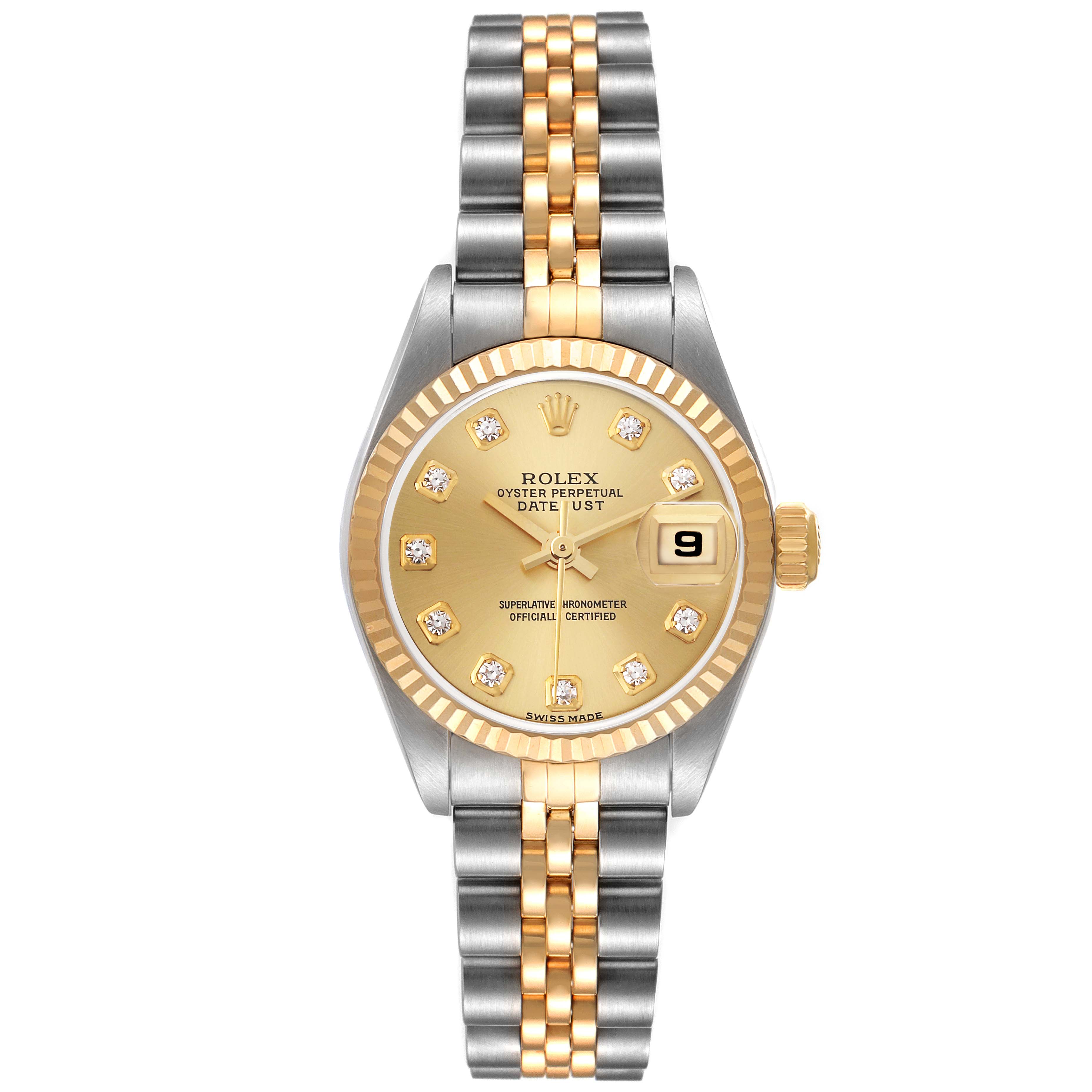 The Rolex Datejust 79173 Women's Steel and Gold (two tone) Champagne Dial 79173 Women's Steel and Gold (two tone) Champagne Dial watch is shown from a top view, highlighting its two-tone bracelet, gold fluted bezel, dial, and date window.