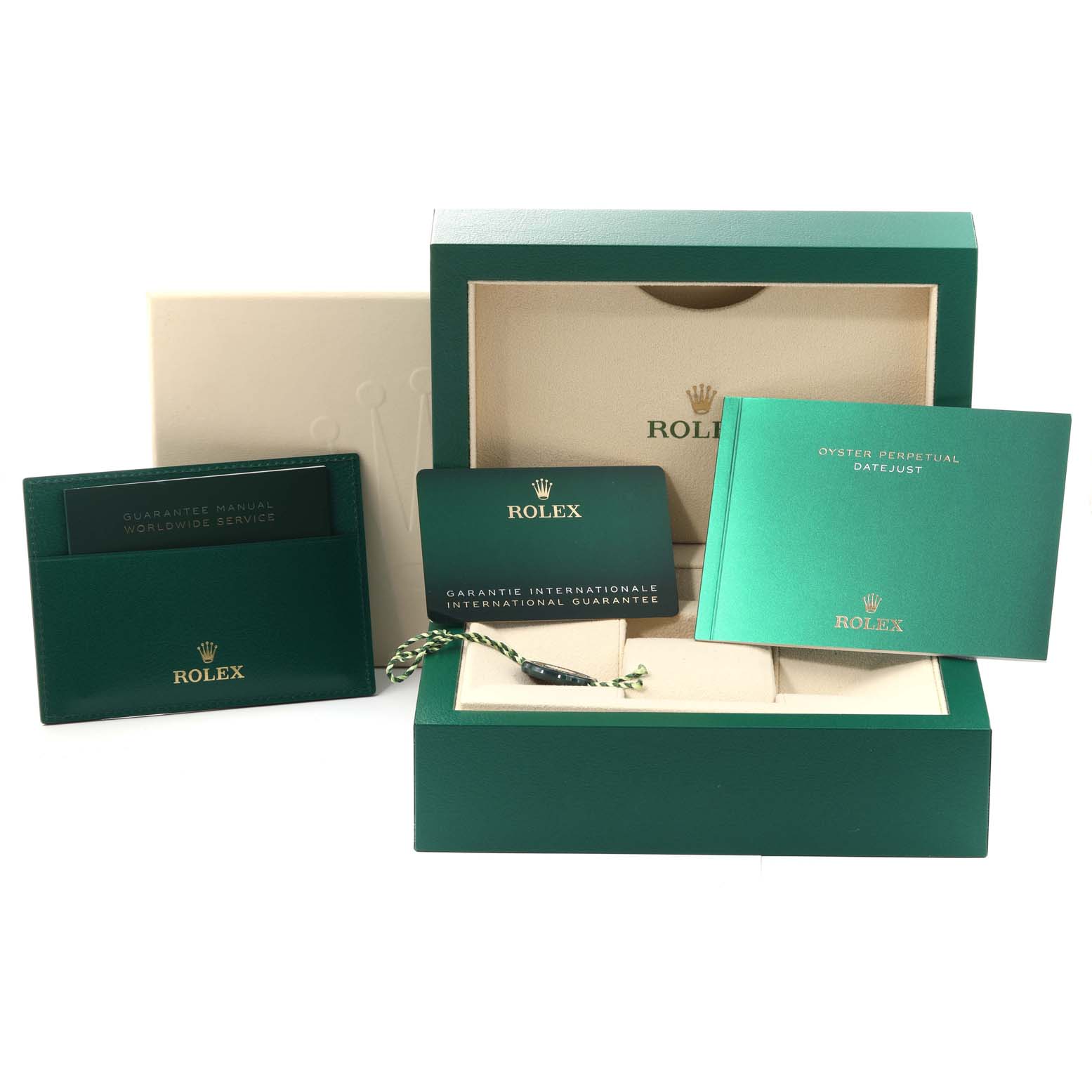 The image shows the packaging, warranty card, manuals, and tags for a Rolex Datejust 279383RBR Women's Steel and Gold (two tone) Champagne Dial 279383RBR Women's Steel and Gold (two tone) Champagne Dial watch.