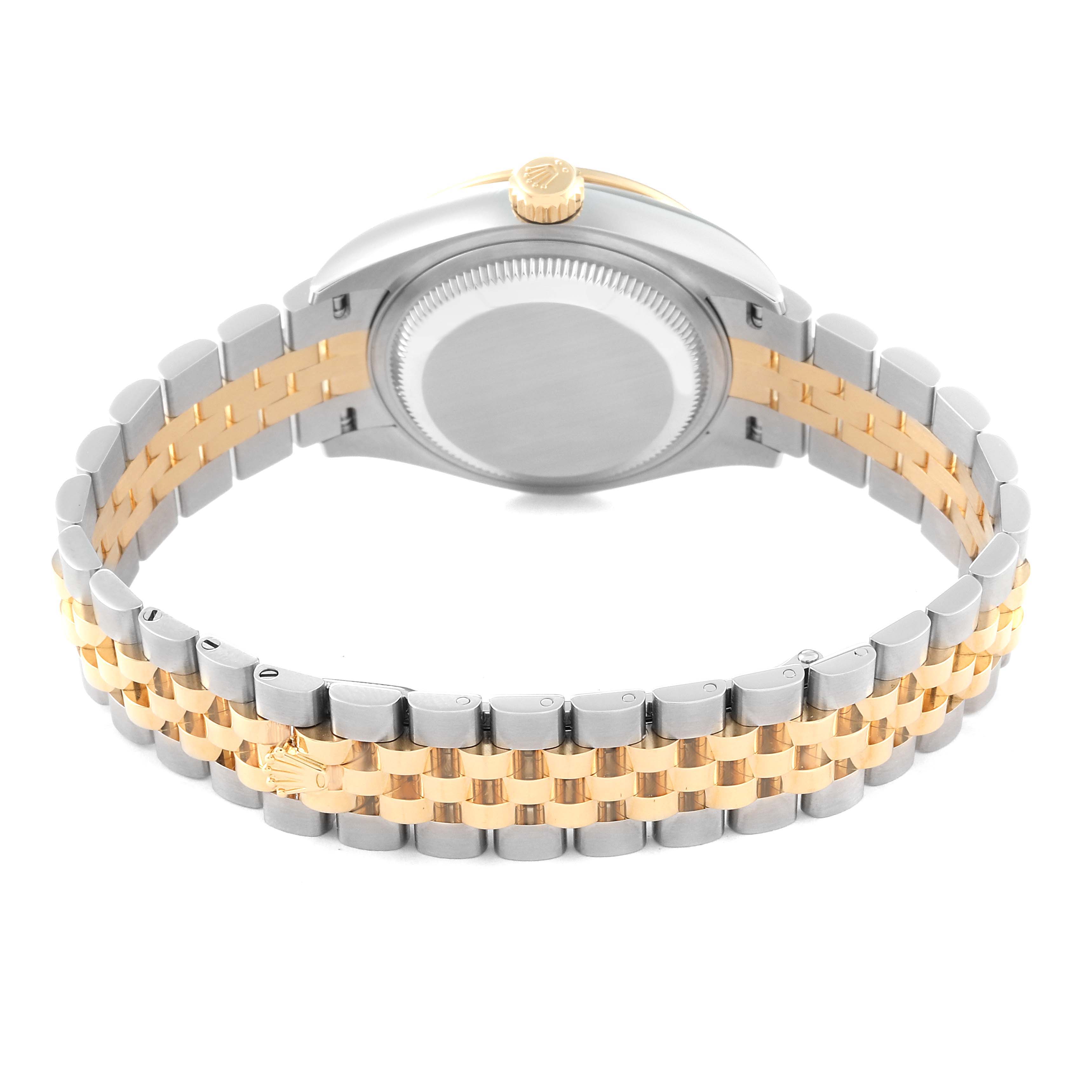 The image shows a Rolex Datejust 279383RBR Women's Steel and Gold (two tone) Champagne Dial 279383RBR Women's Steel and Gold (two tone) Champagne Dial watch from the back, highlighting its case back and two-tone bracelet.