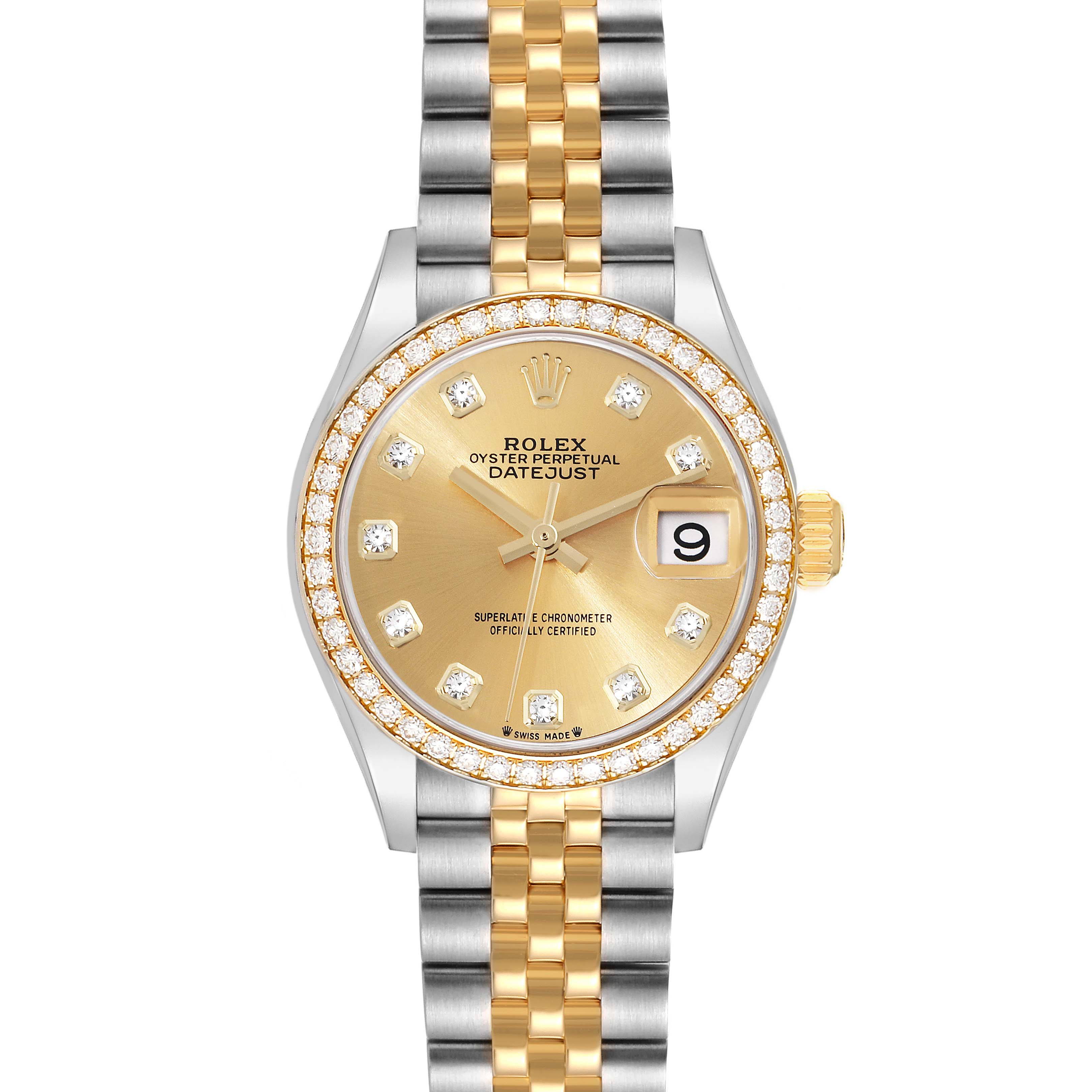 The Rolex Datejust 279383RBR Women's Steel and Gold (two tone) Champagne Dial 279383RBR Women's Steel and Gold (two tone) Champagne Dial watch is shown from a front angle, displaying its dial, bezel, and bracelet.