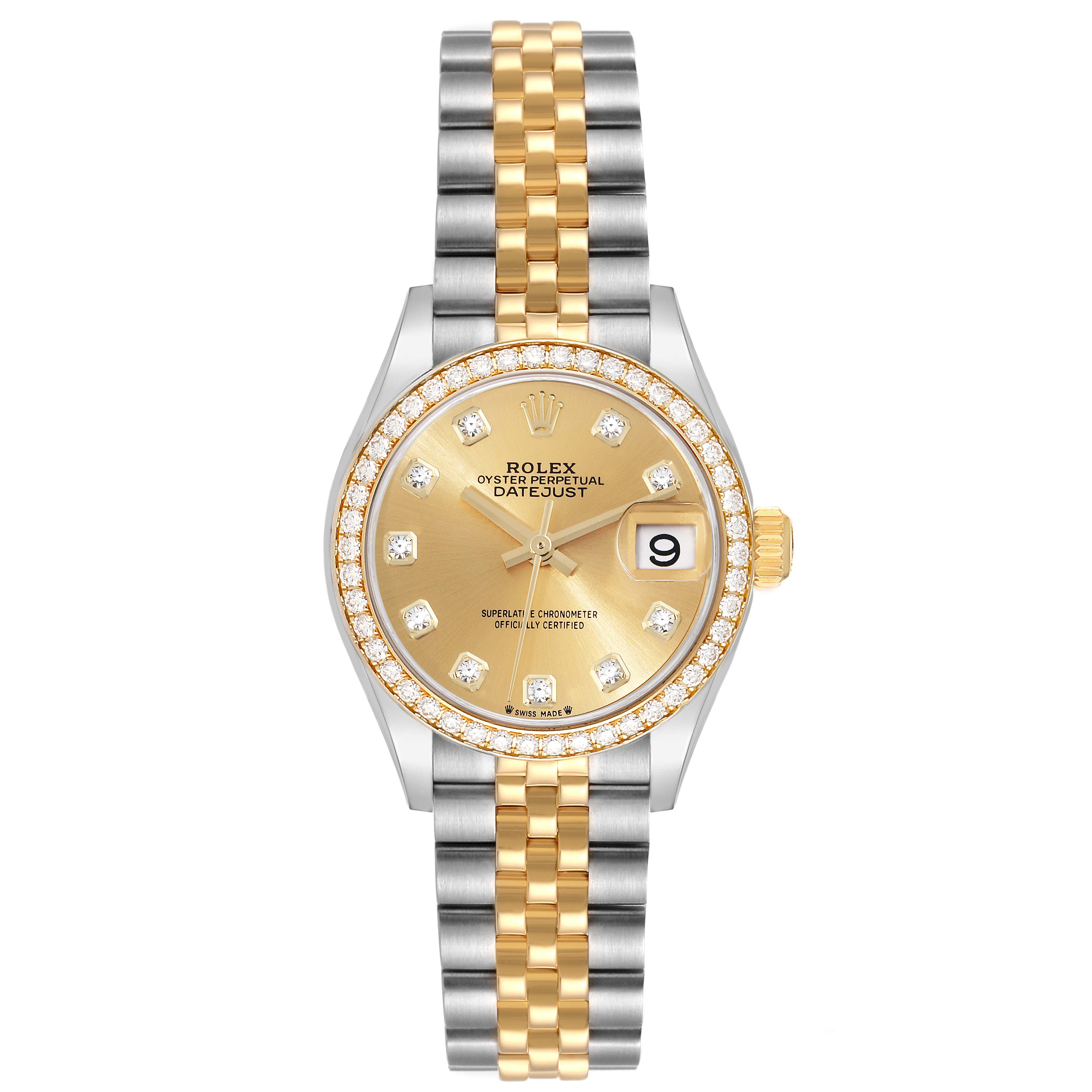 The Rolex Datejust 279383RBR Women's Steel and Gold (two tone) Champagne Dial 279383RBR Women's Steel and Gold (two tone) Champagne Dial watch is shown from a top-down angle, displaying its face, bezel, and bracelet.