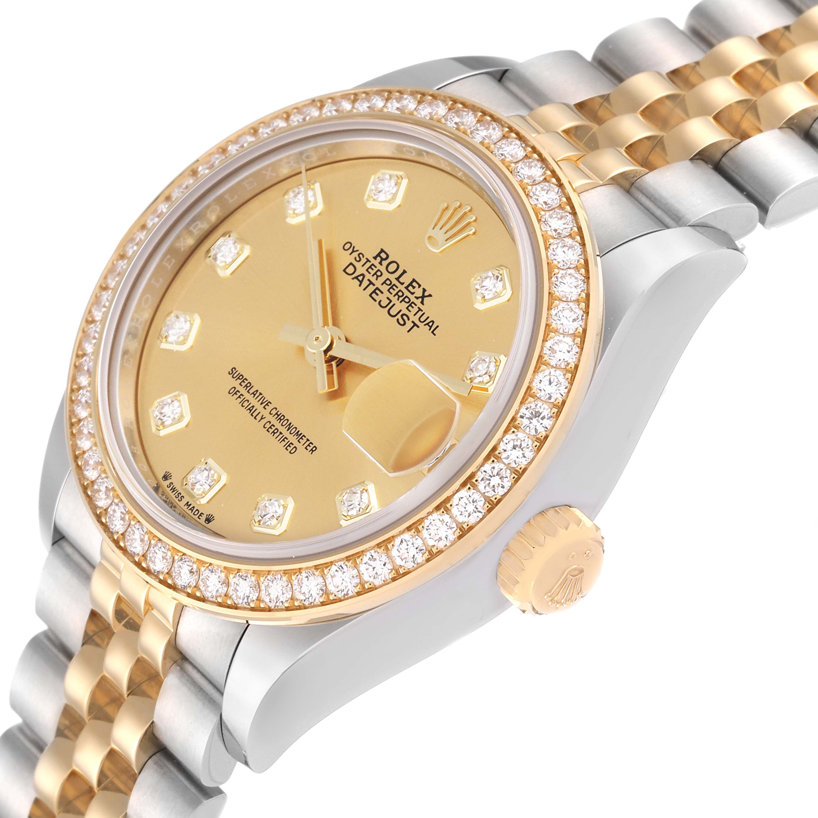 The image shows a close-up angled view of a Rolex Datejust 279383RBR Women's Steel and Gold (two tone) Champagne Dial 279383RBR Women's Steel and Gold (two tone) Champagne Dial watch, highlighting the gold and diamond-encrusted bezel, dial, and part of the bracelet.
