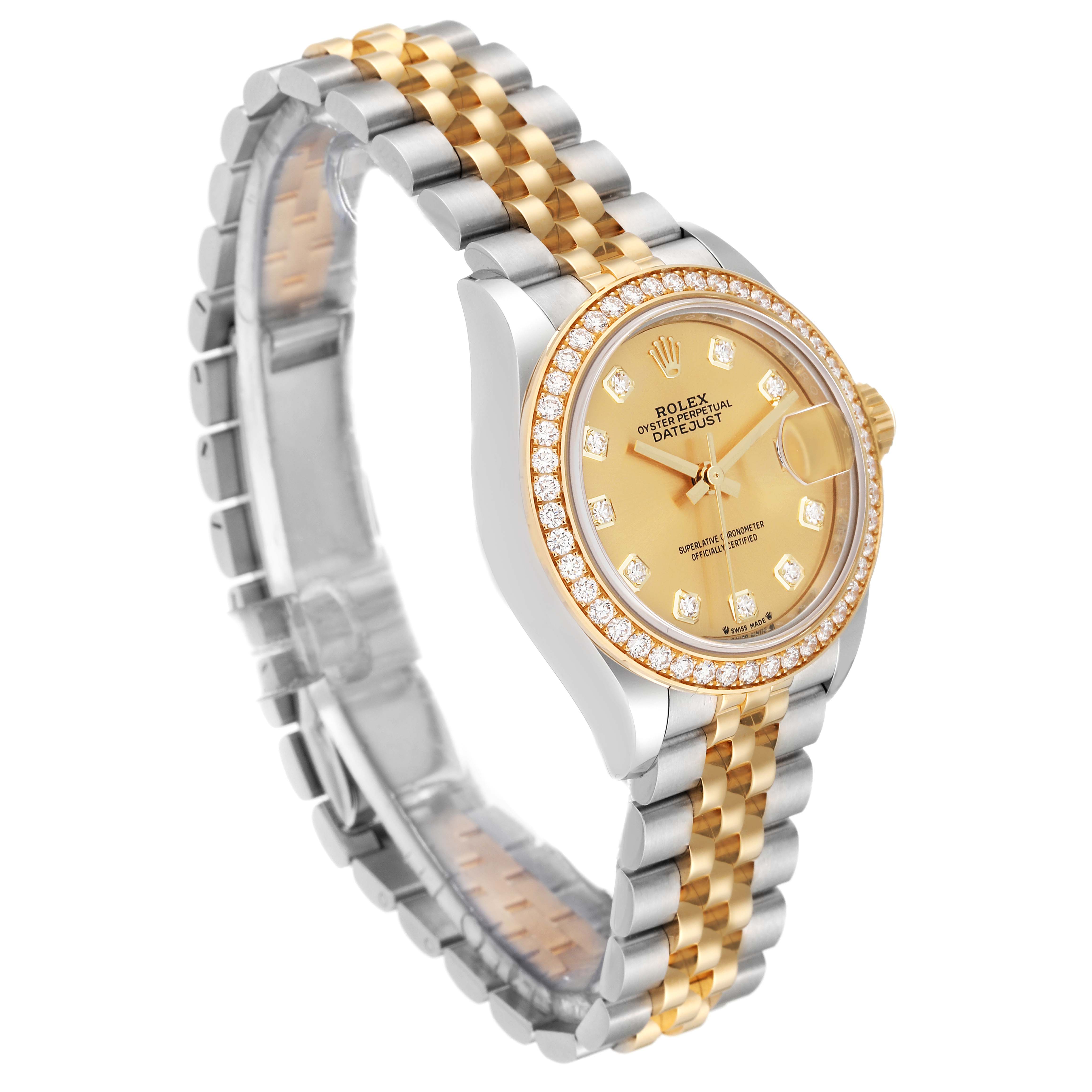 The Rolex Datejust 279383RBR Women's Steel and Gold (two tone) Champagne Dial 279383RBR Women's Steel and Gold (two tone) Champagne Dial watch is displayed at a slight angle, showing its two-tone bracelet, diamond bezel, and champagne dial.