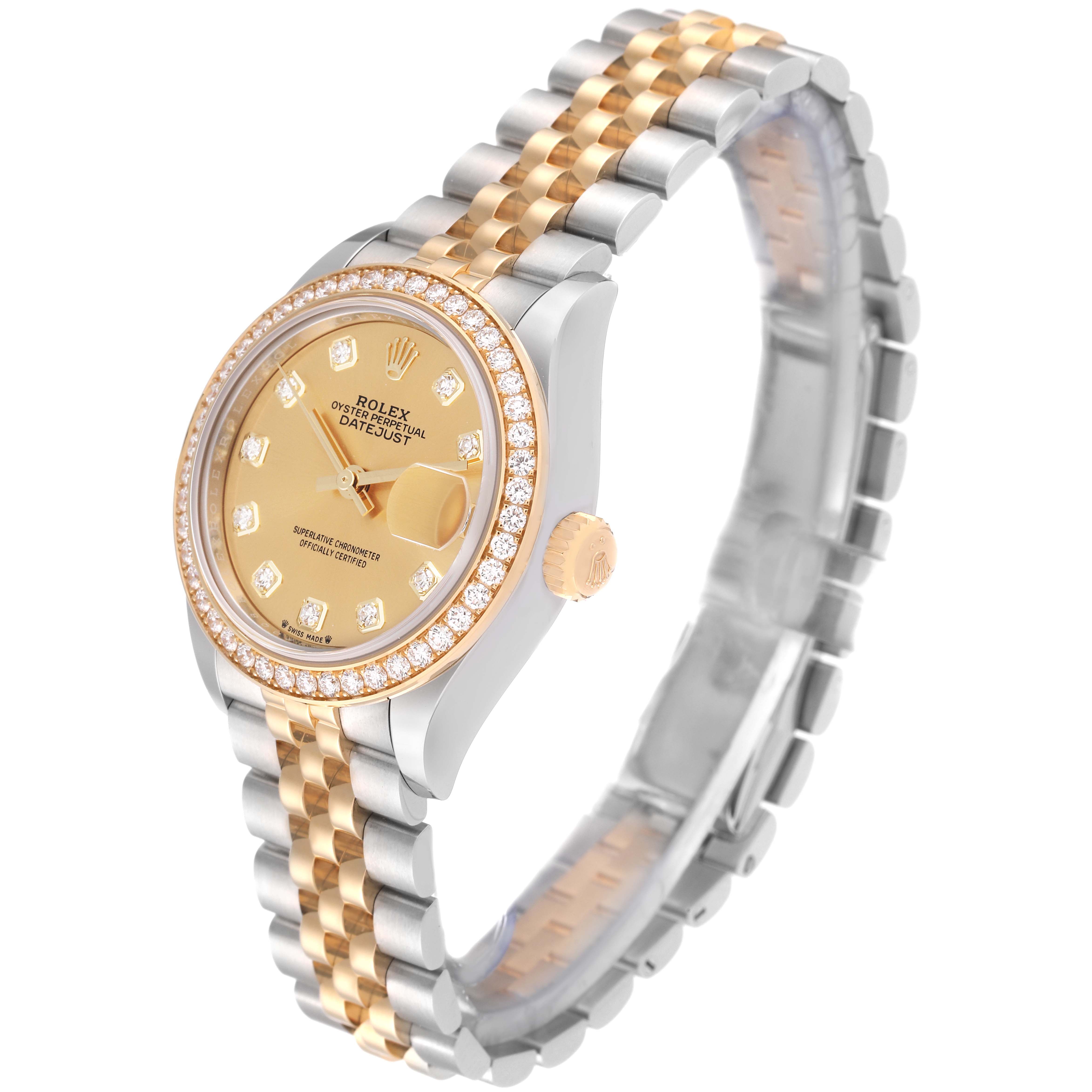 The image shows a Rolex Datejust 279383RBR Women's Steel and Gold (two tone) Champagne Dial 279383RBR Women's Steel and Gold (two tone) Champagne Dial model watch at an angled view, highlighting the face, bezel, and bracelet.