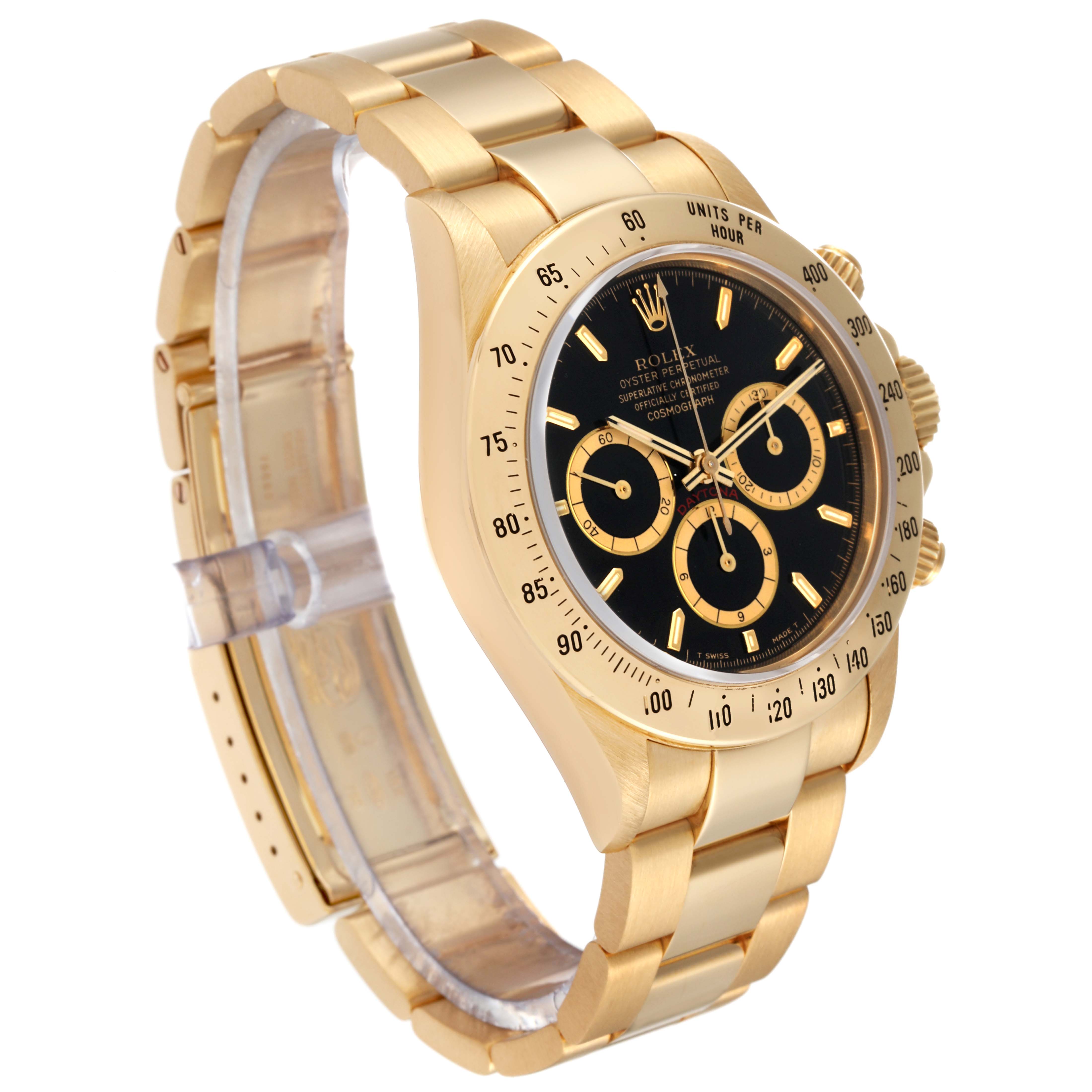 The image shows a side angle of a Rolex Daytona 16528 Men's Yellow Gold Black Dial 16528 Men's Yellow Gold Black Dial watch, featuring its black dial, gold case, and bracelet.