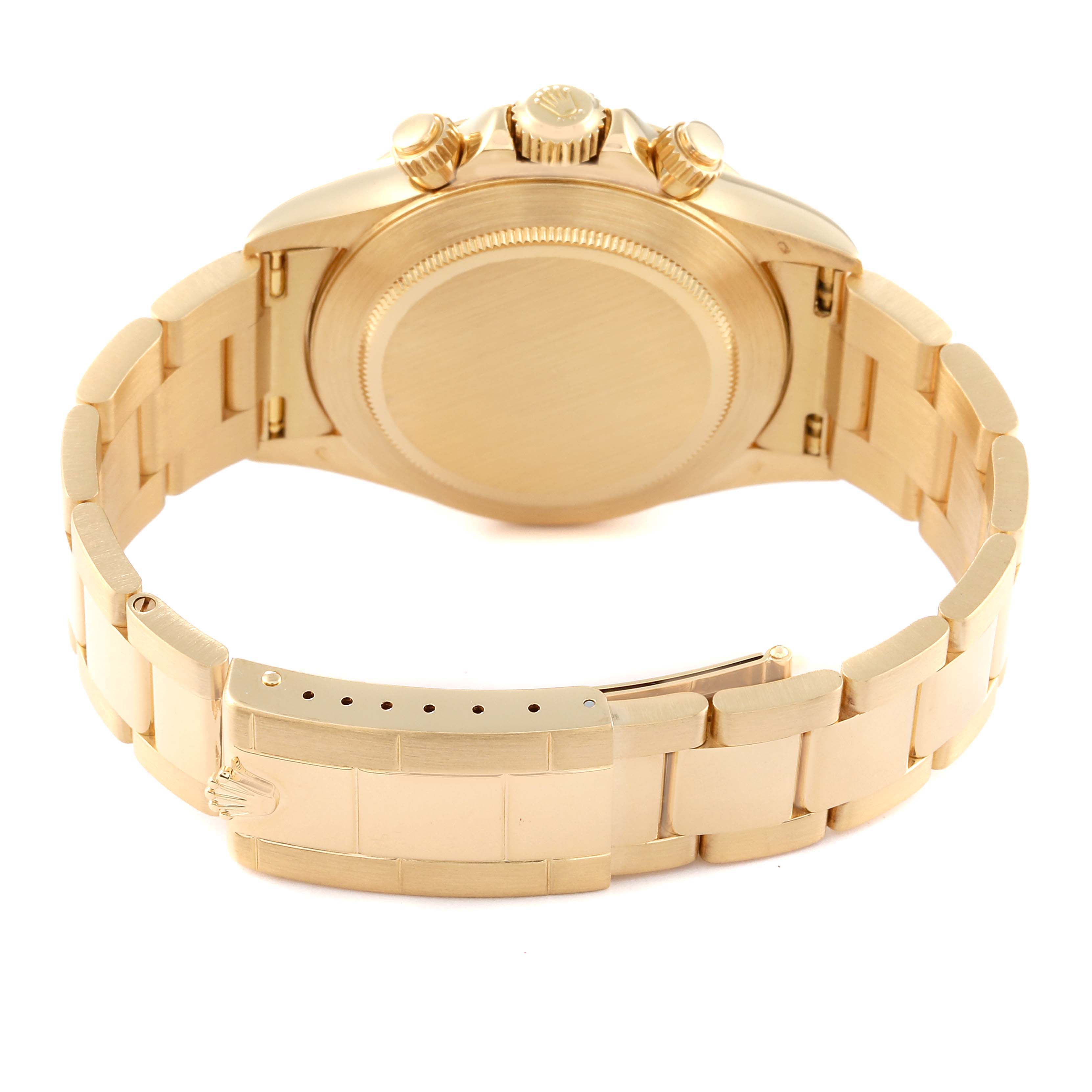 The image shows the back view of the Rolex Daytona 16528 Men's Yellow Gold Black Dial 16528 Men's Yellow Gold Black Dial model, highlighting the case back and bracelet clasp.