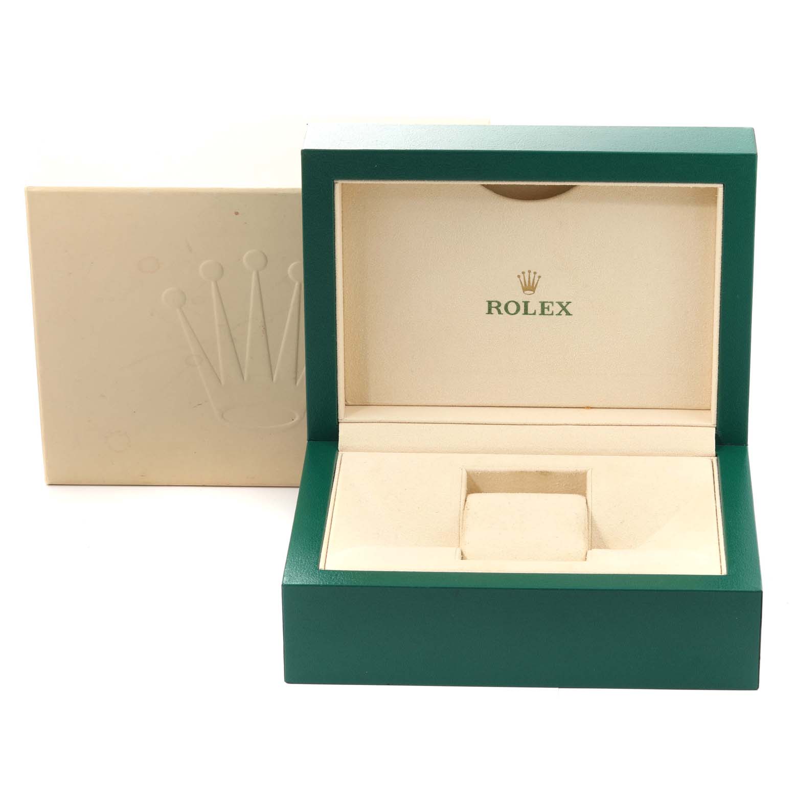 The image shows an empty open Rolex Daytona 16528 Men's Yellow Gold Black Dial 16528 Men's Yellow Gold Black Dial watch box, with the inner and outer boxes both visible.