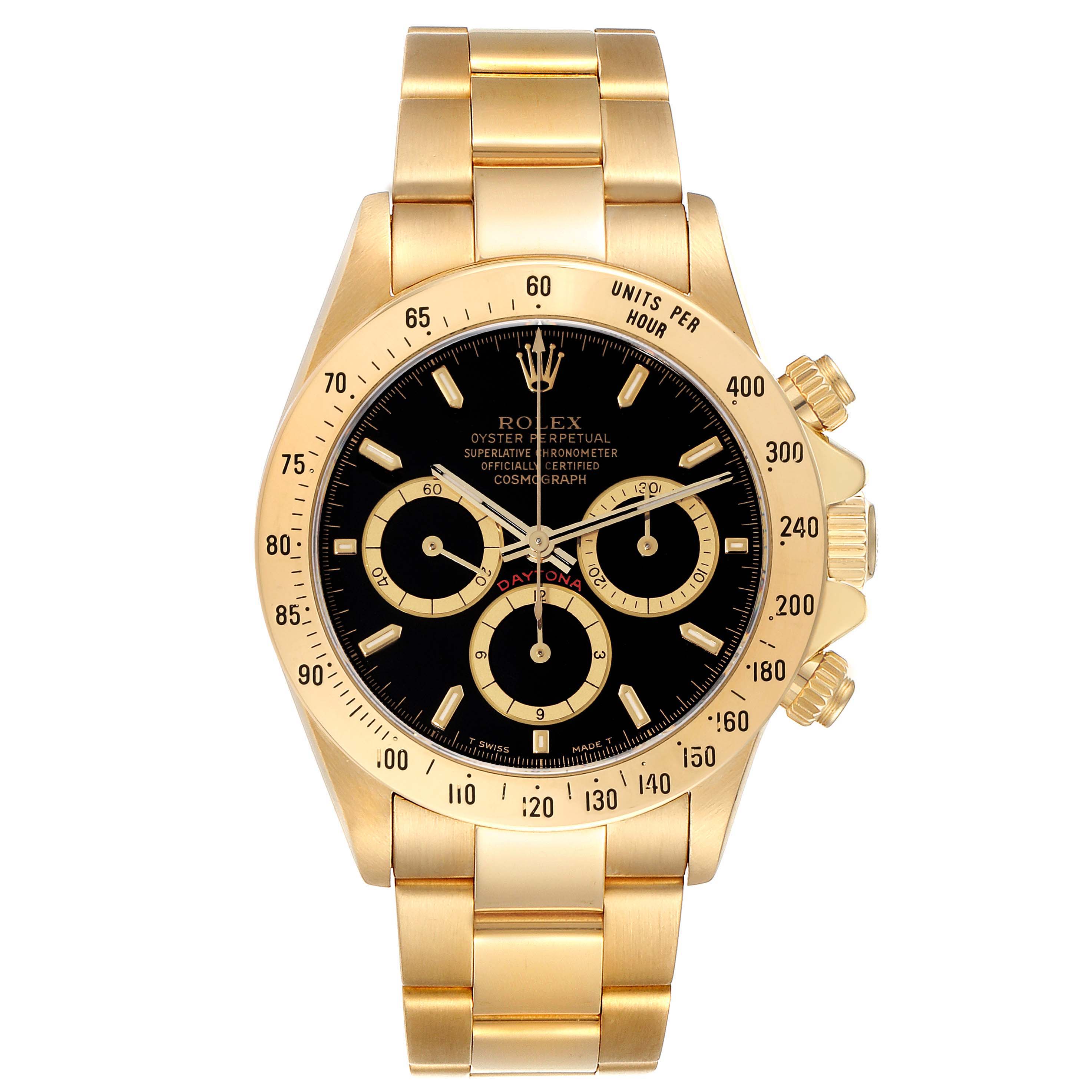 This image shows a frontal view of a Rolex Daytona 16528 Men's Yellow Gold Black Dial 16528 Men's Yellow Gold Black Dial watch, highlighting the dial, bezel, and bracelet.