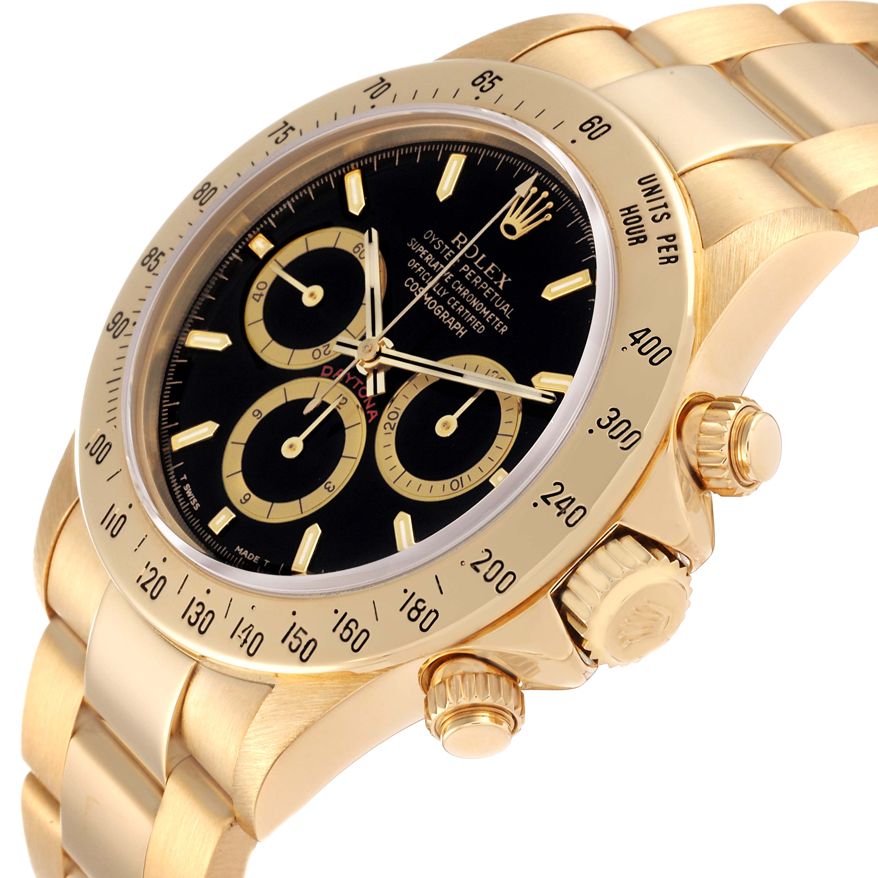 The image shows a close-up side view of a Rolex Daytona 16528 Men's Yellow Gold Black Dial 16528 Men's Yellow Gold Black Dial watch, highlighting the dial, crown, pushers, and part of the bracelet.