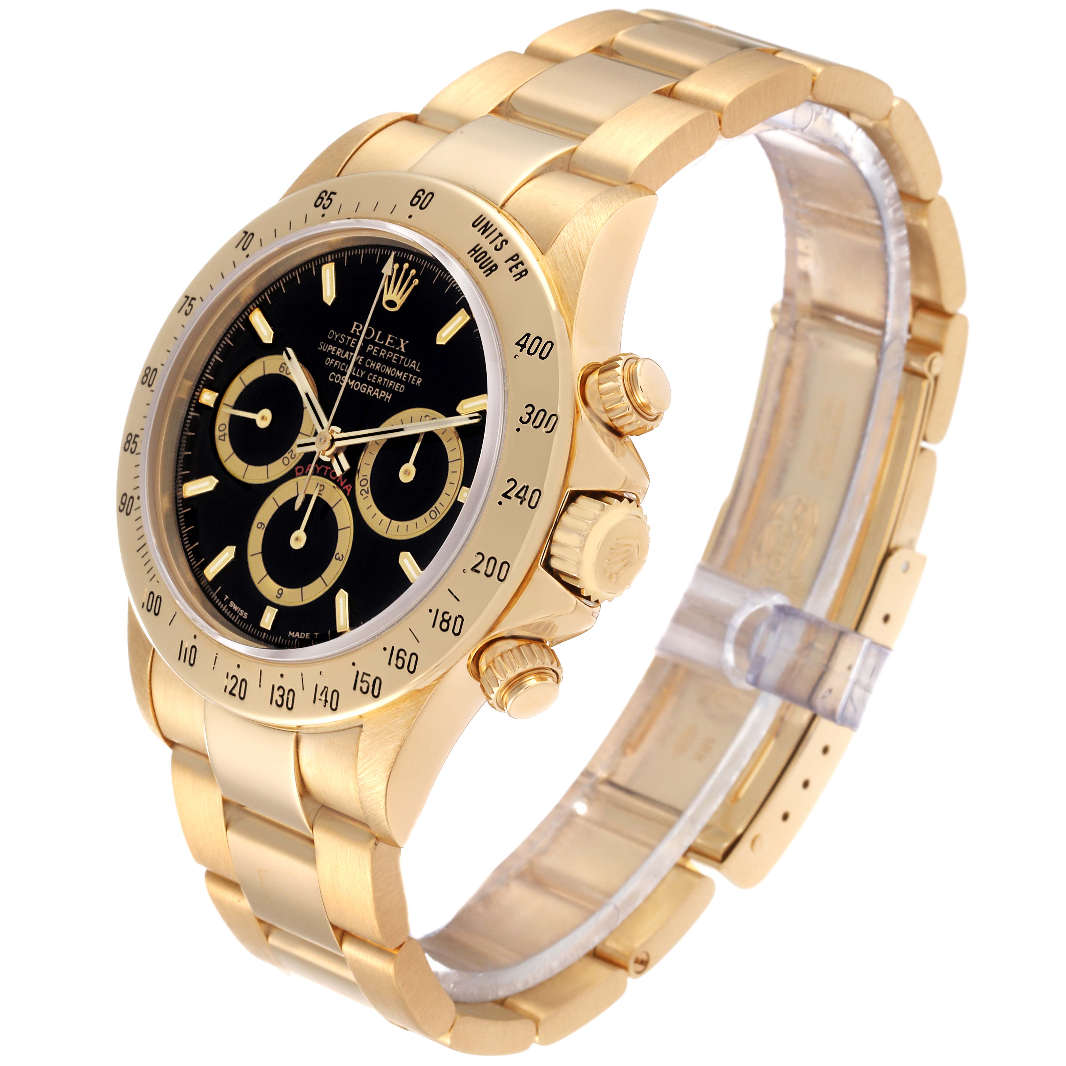 The image shows a Rolex Daytona 16528 Men's Yellow Gold Black Dial 16528 Men's Yellow Gold Black Dial watch angled to display the face, side profile, and part of the bracelet.