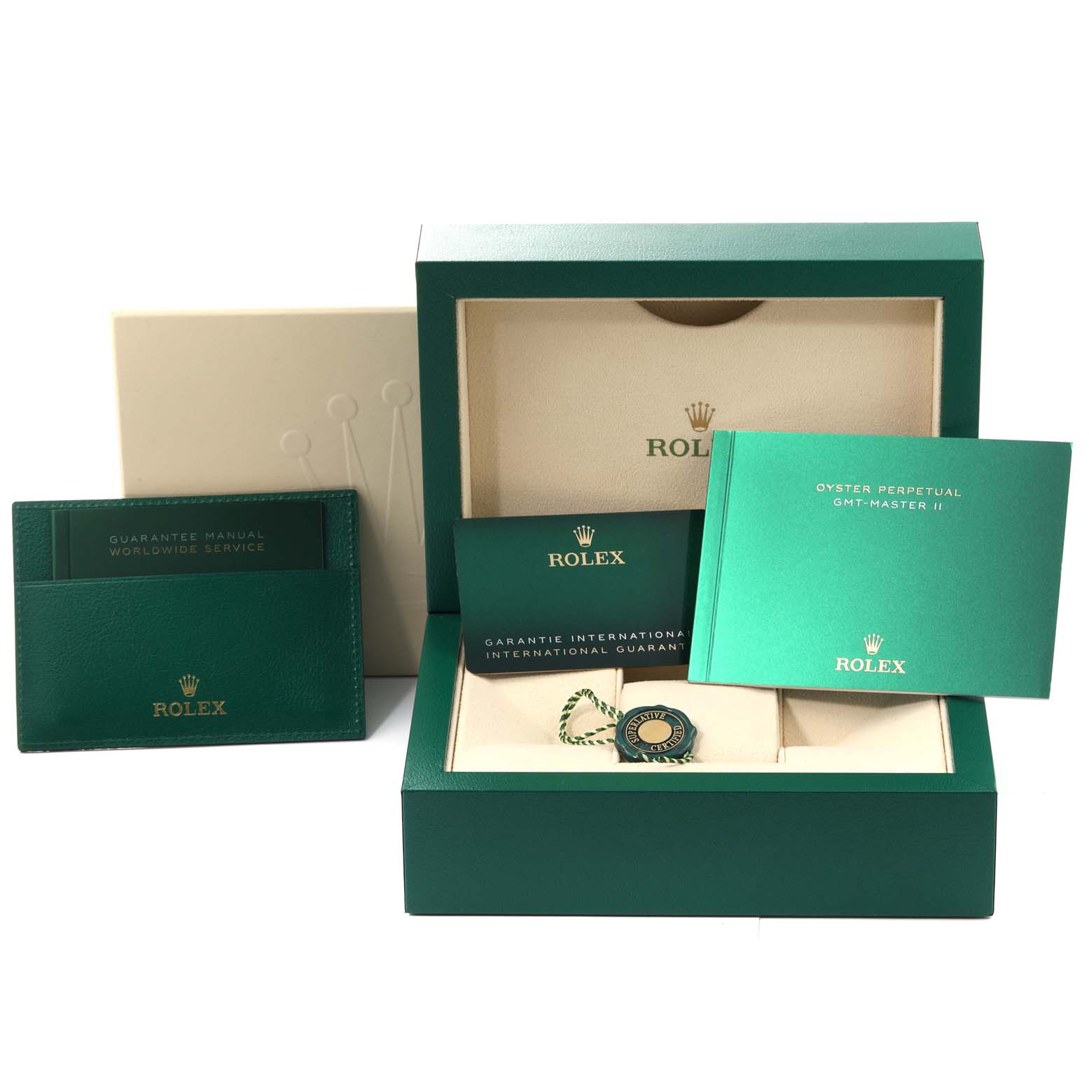 The image shows the packaging, warranty cards, manual, and box of a Rolex GMT-Master 126710BLNR Men
s Stainless Steel Black Dial 126710BLNR Men
s Stainless Steel Black Dial watch.