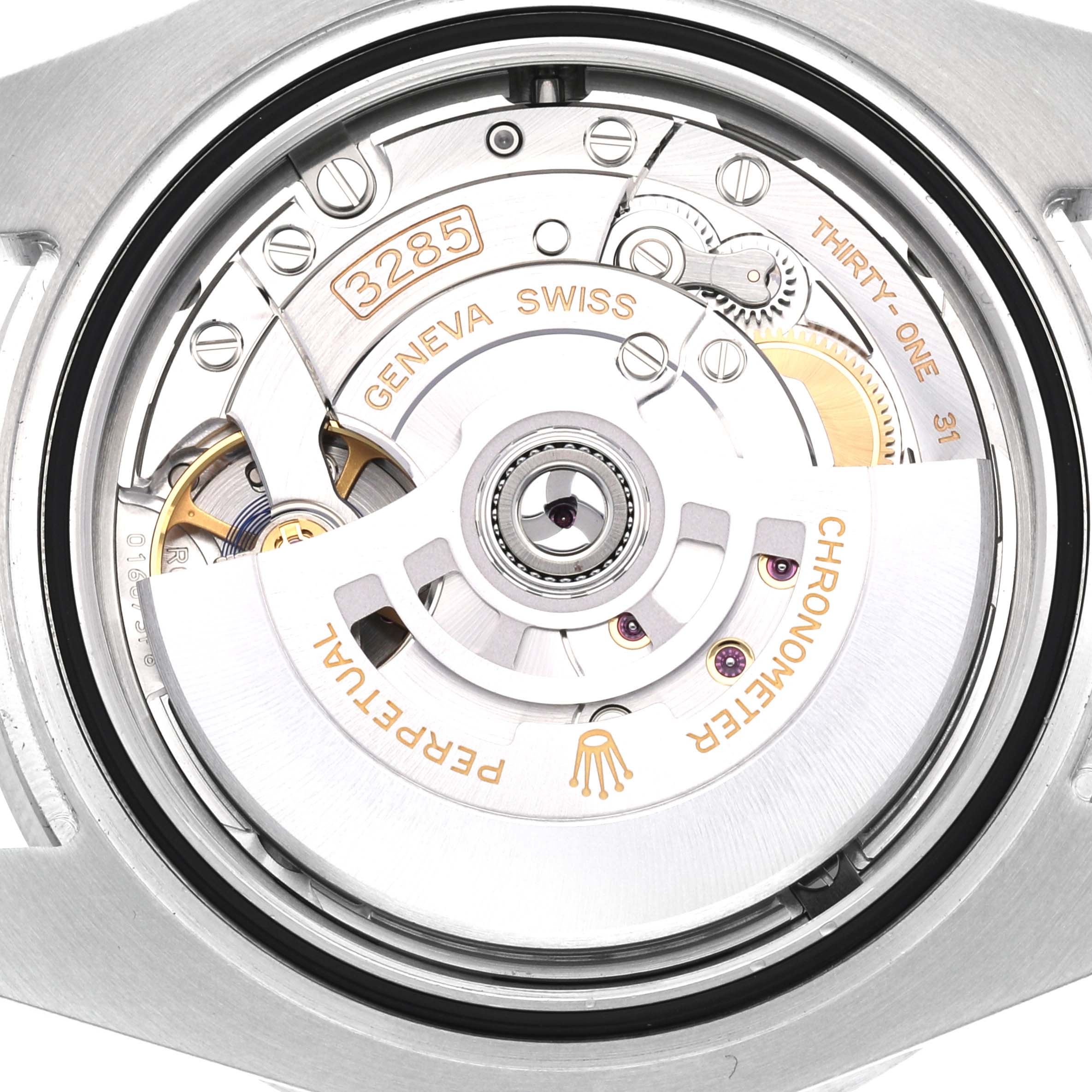 The image shows a close-up of the movement from the back of a Rolex GMT-Master 126710BLNR Men
s Stainless Steel Black Dial 126710BLNR Men
s Stainless Steel Black Dial, highlighting the 3285 caliber.