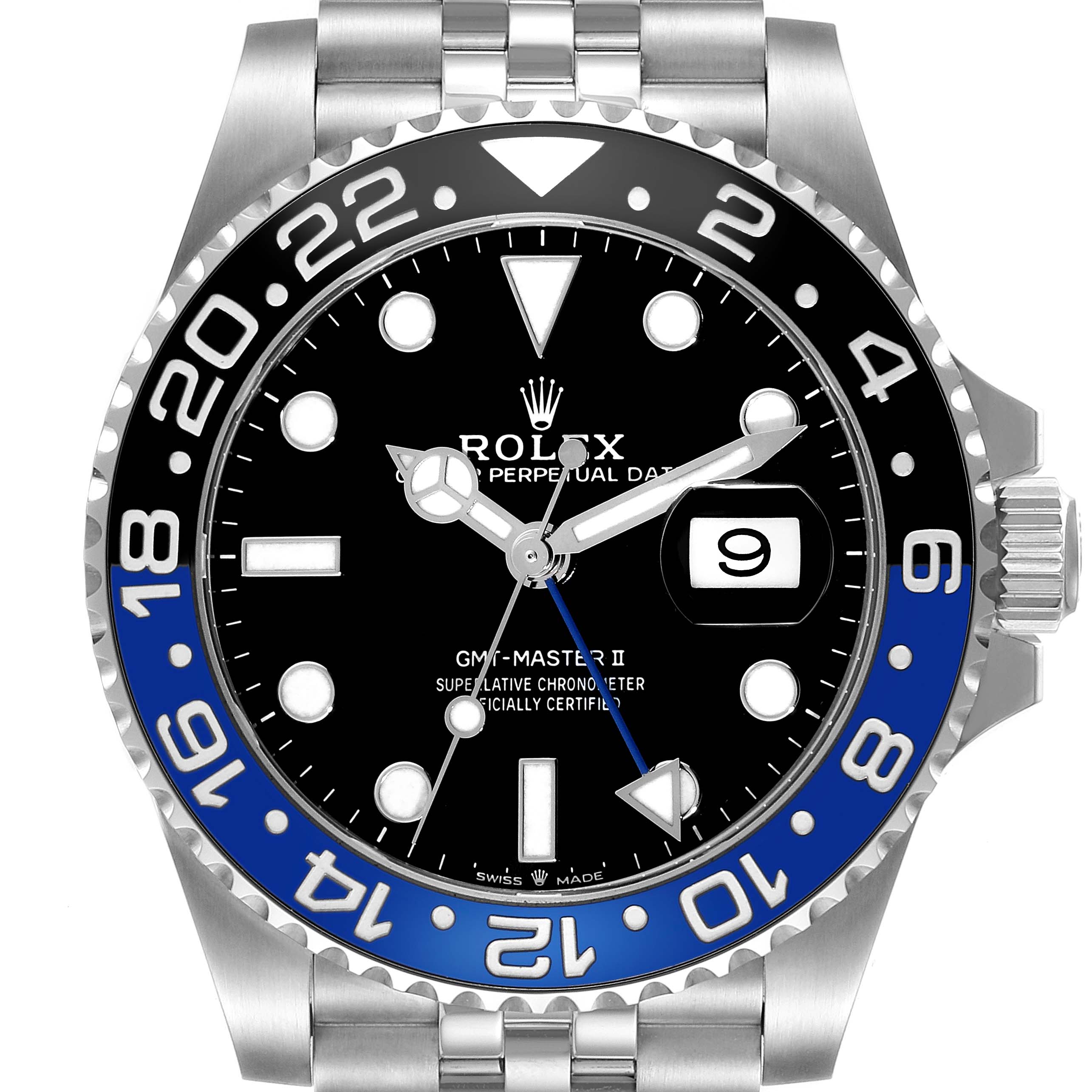 This image shows a front view of the Rolex GMT-Master 126710BLNR Men
s Stainless Steel Black Dial 126710BLNR Men
s Stainless Steel Black Dial II watch, highlighting the bezel, dial, hands, and bracelet.
