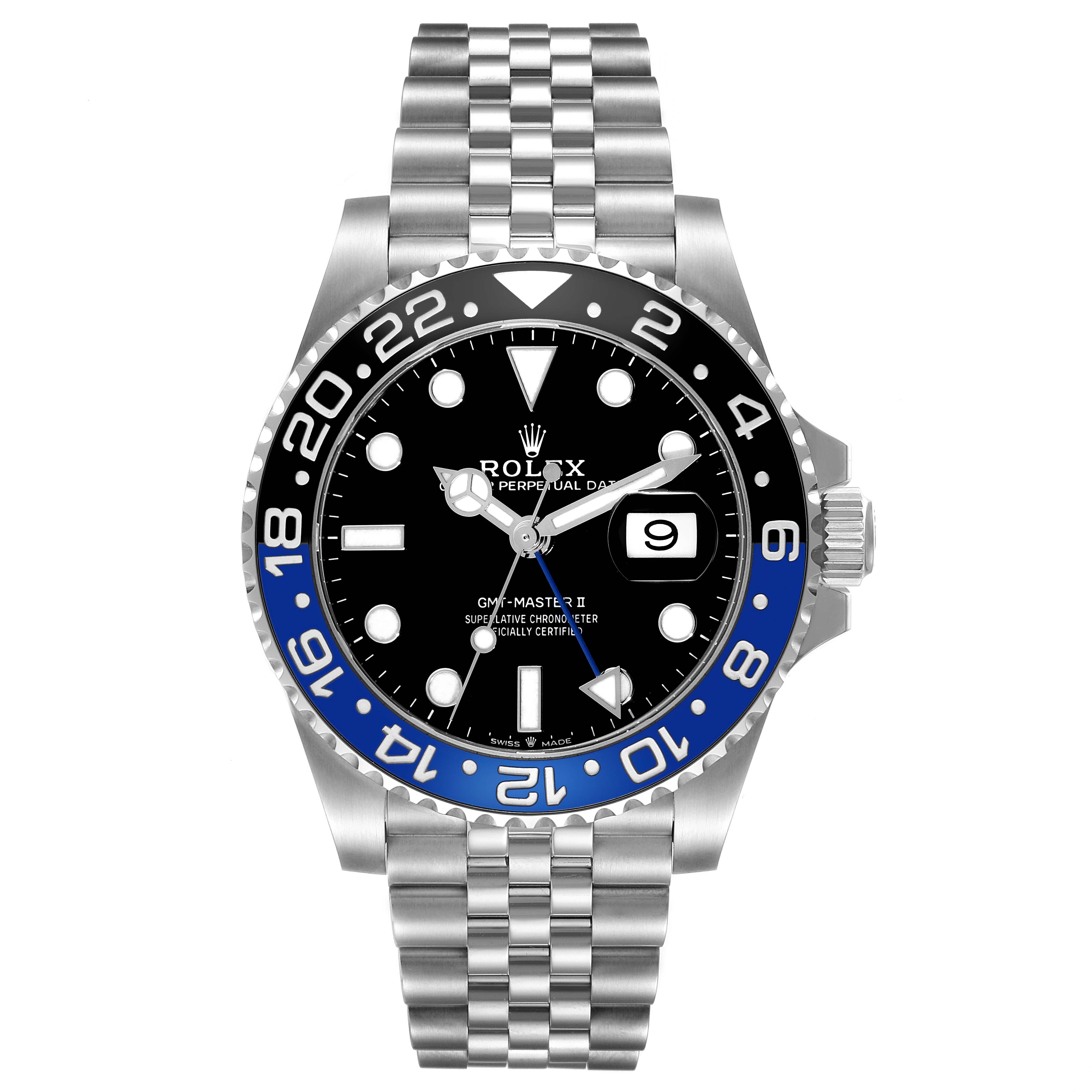 This image shows a Rolex GMT-Master 126710BLNR Men
s Stainless Steel Black Dial 126710BLNR Men
s Stainless Steel Black Dial watch front and center, highlighting the bezel, dial, hands, and bracelet.