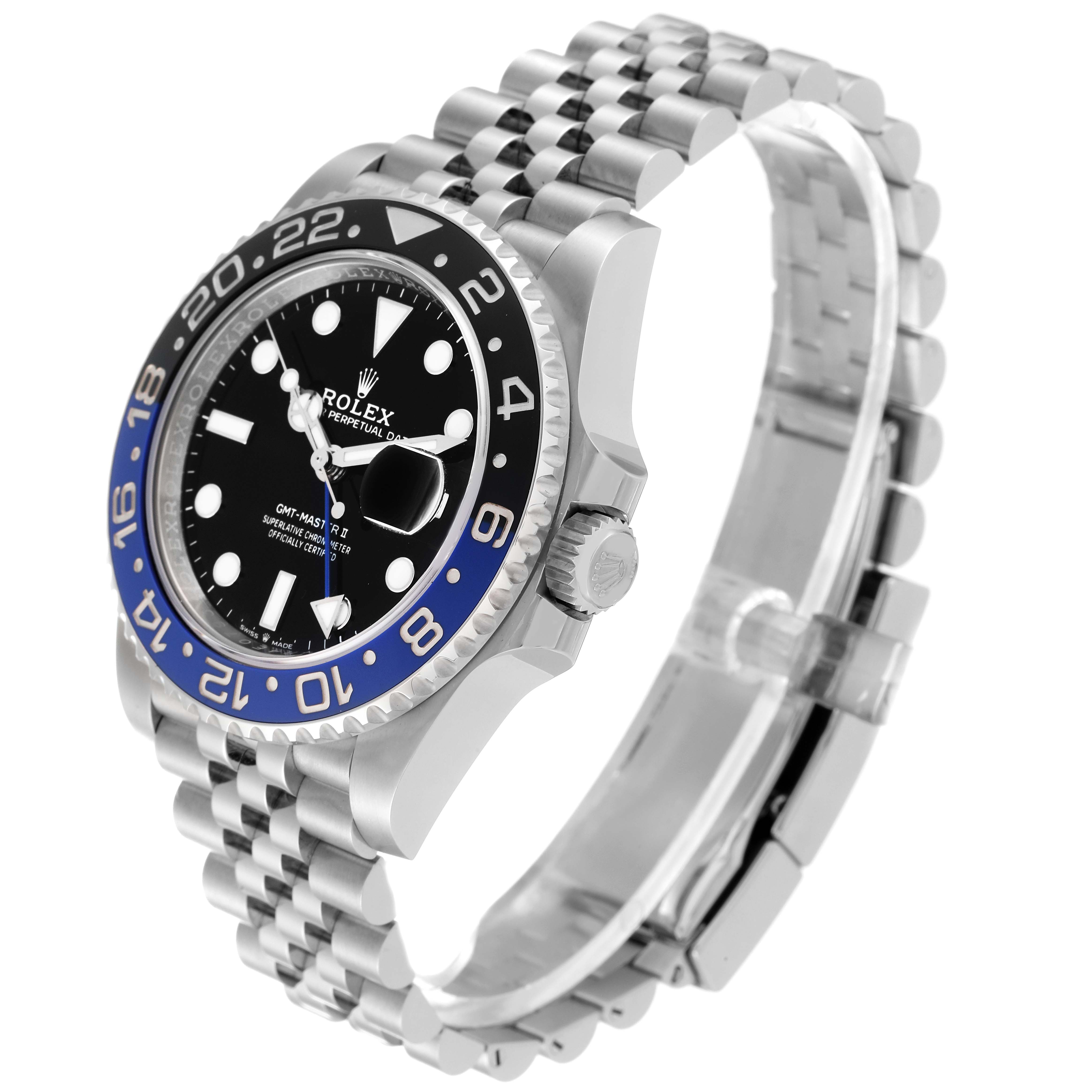 The image shows a side angle of a Rolex GMT-Master 126710BLNR Men
s Stainless Steel Black Dial 126710BLNR Men
s Stainless Steel Black Dial watch, focusing on the face, bezel, crown, and Jubilee bracelet.