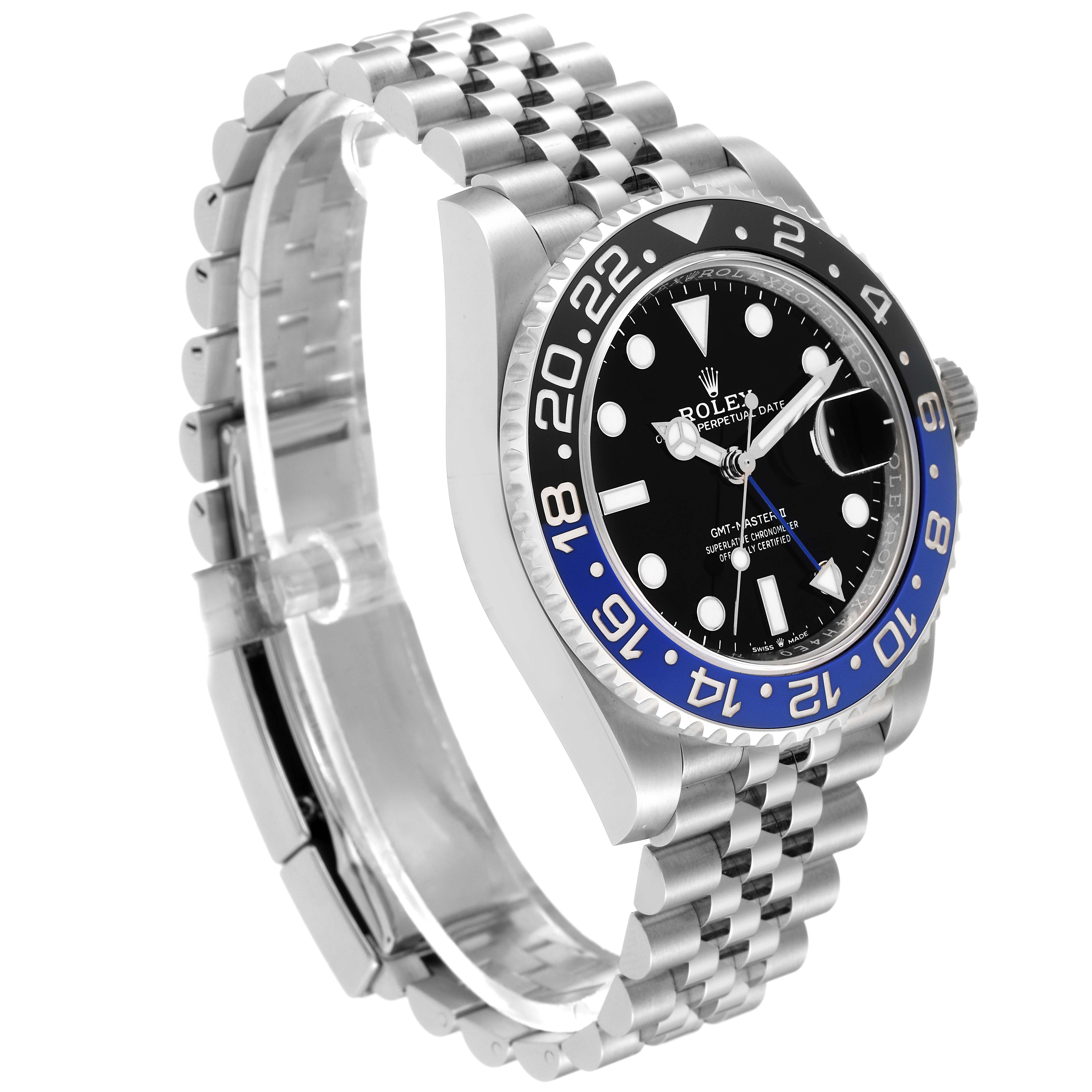 The Rolex GMT-Master 126710BLNR Men
s Stainless Steel Black Dial 126710BLNR Men
s Stainless Steel Black Dial watch is shown from an oblique angle, highlighting the face, bezel, and Jubilee bracelet.