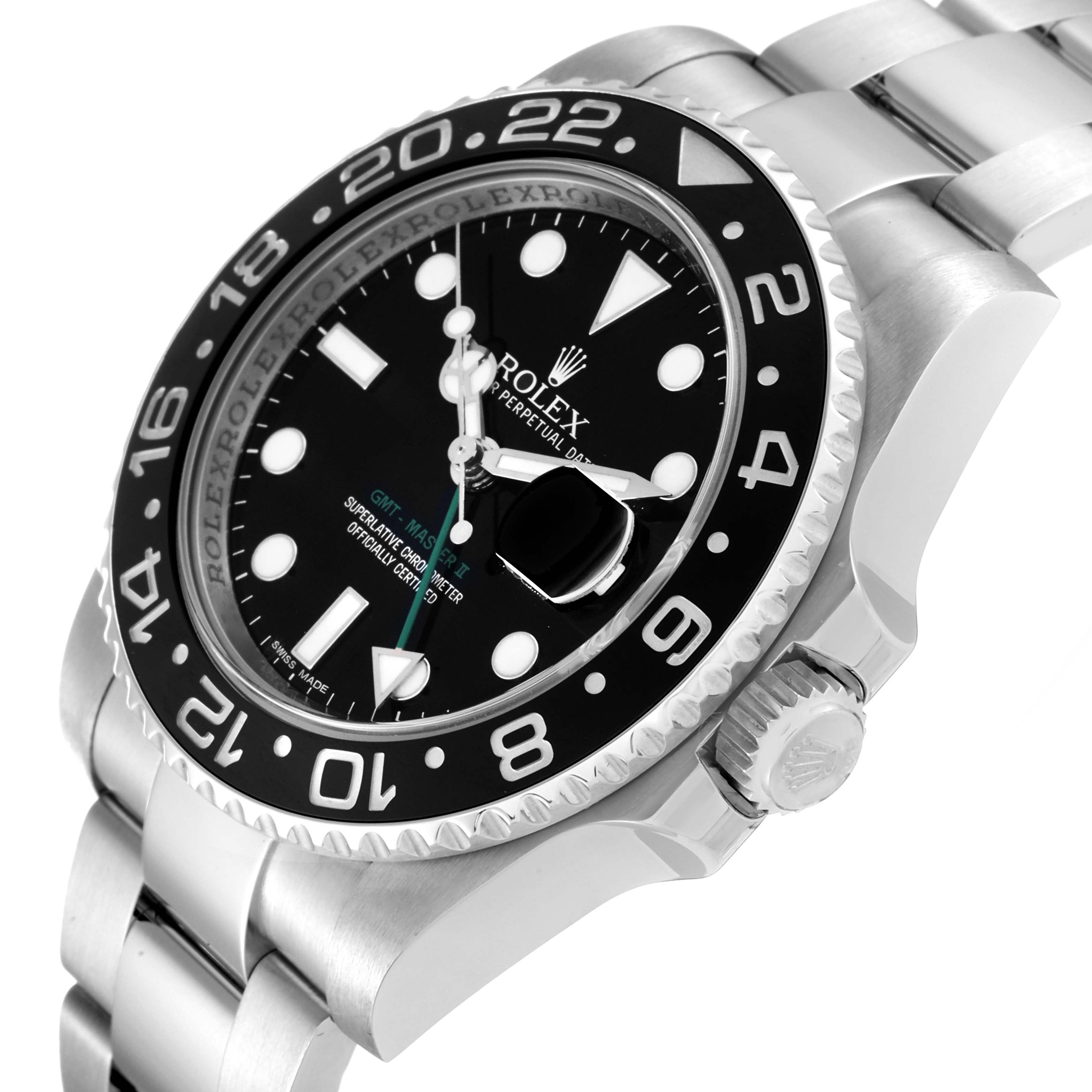 This image shows a side angle of the Rolex GMT-Master 116710LN Men
s Stainless Steel Black Dial 116710LN Men
s Stainless Steel Black Dial, highlighting the crown, bezel, dial, and part of the bracelet.