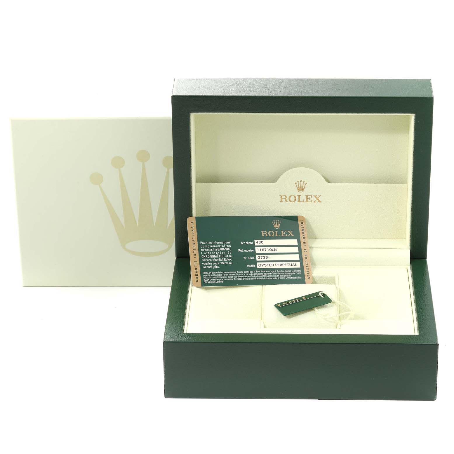 The image shows the packaging box and accessories for the Rolex GMT-Master 116710LN Men
s Stainless Steel Black Dial 116710LN Men
s Stainless Steel Black Dial, including warranty cards and tags.