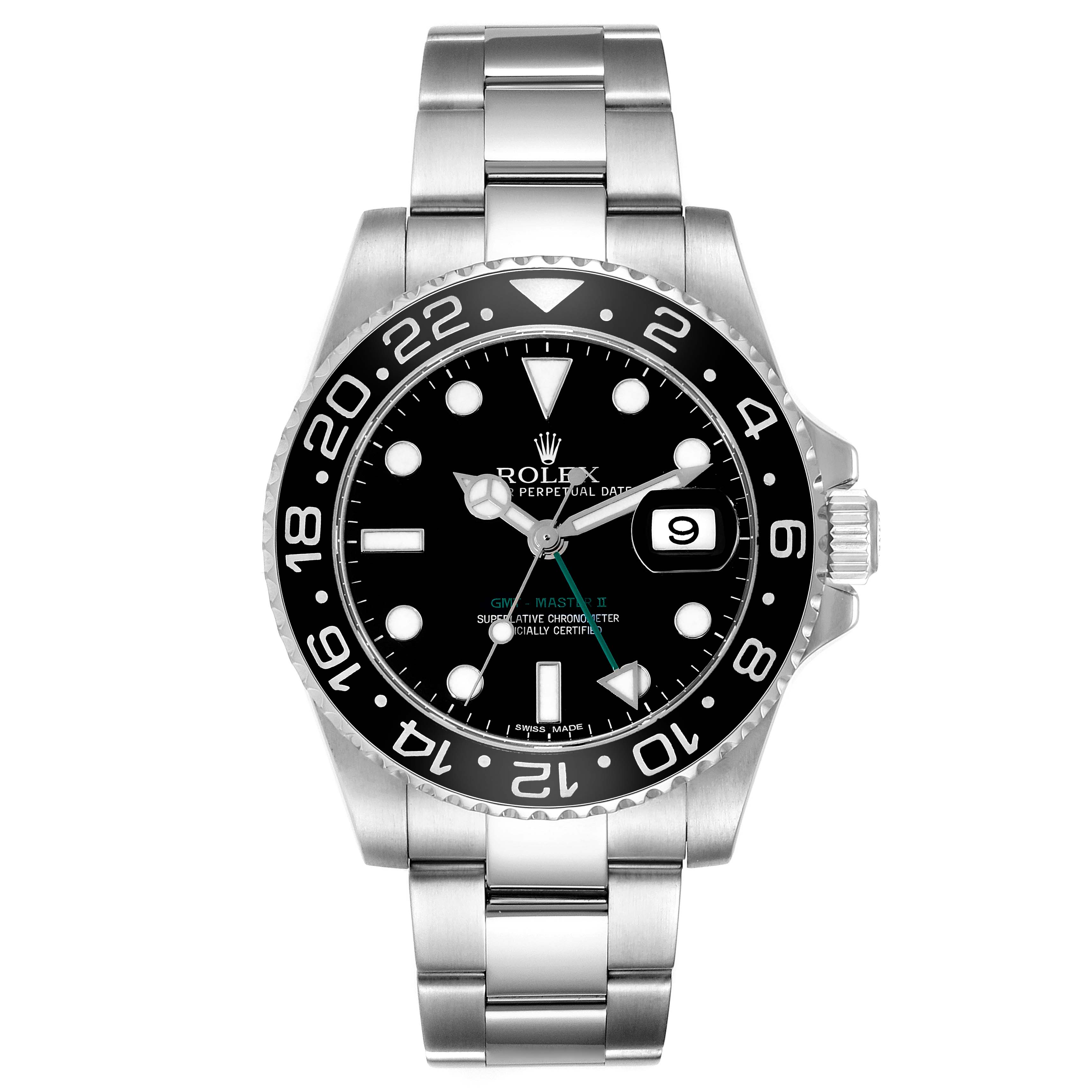 Front view of the Rolex GMT-Master 116710LN Men
s Stainless Steel Black Dial 116710LN Men
s Stainless Steel Black Dial watch displaying its dial, bezel, bracelet, and crown.
