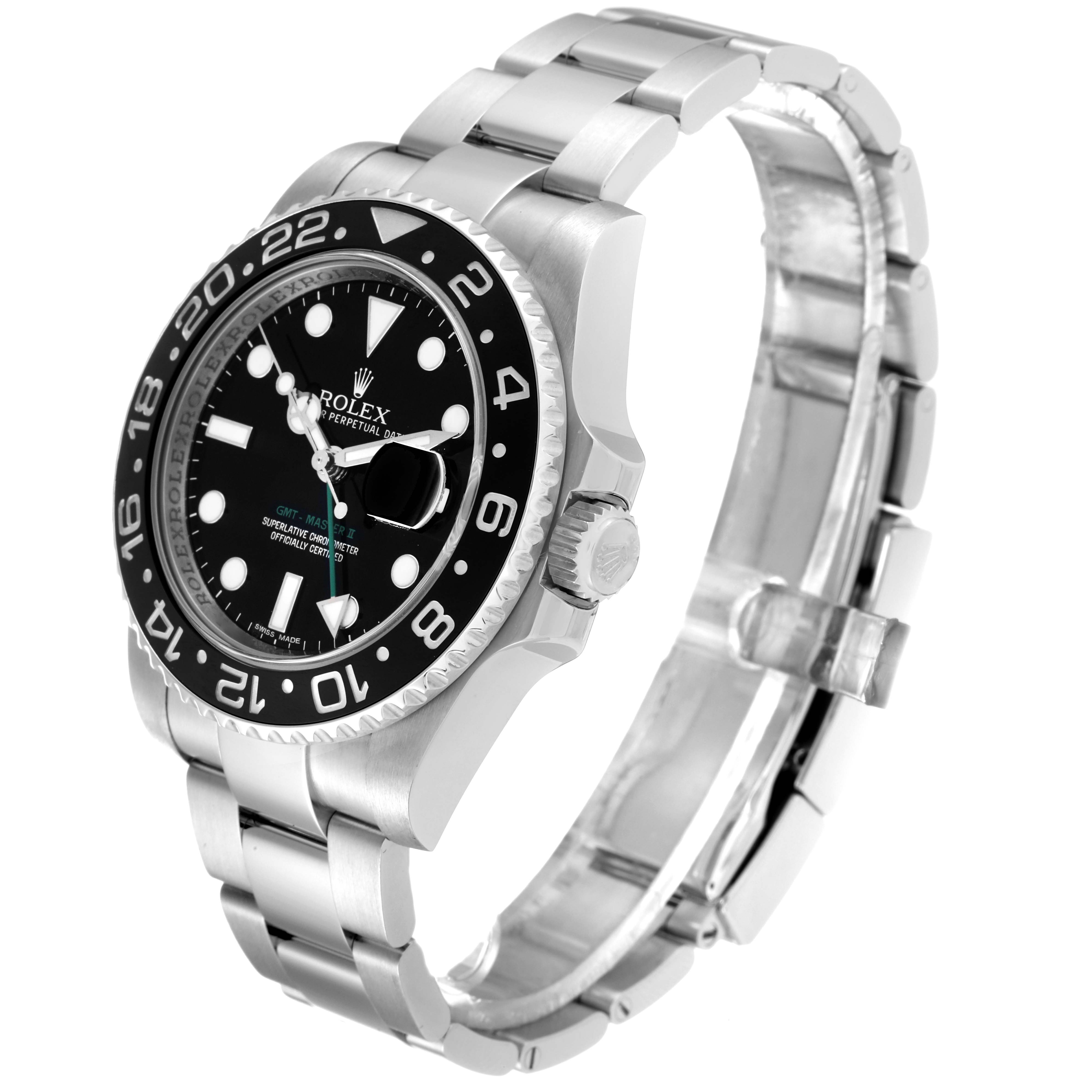 The Rolex GMT-Master 116710LN Men
s Stainless Steel Black Dial 116710LN Men
s Stainless Steel Black Dial watch is shown at a slight angle displaying its face, bezel, crown, and metal bracelet.