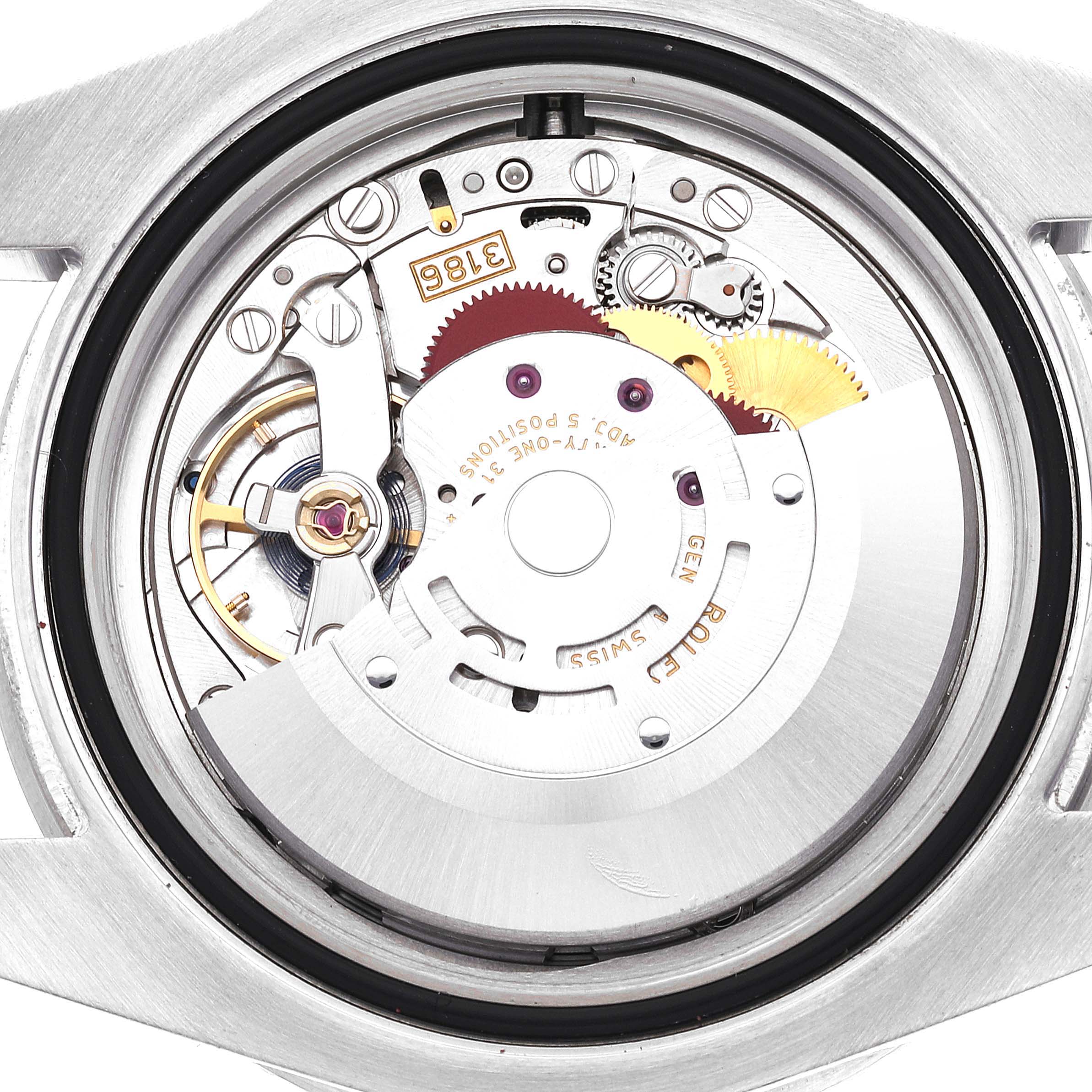 This image shows the movement and internal mechanics of a Rolex GMT-Master 116710LN Men
s Stainless Steel Black Dial 116710LN Men
s Stainless Steel Black Dial watch, viewed from the back with the case opened.