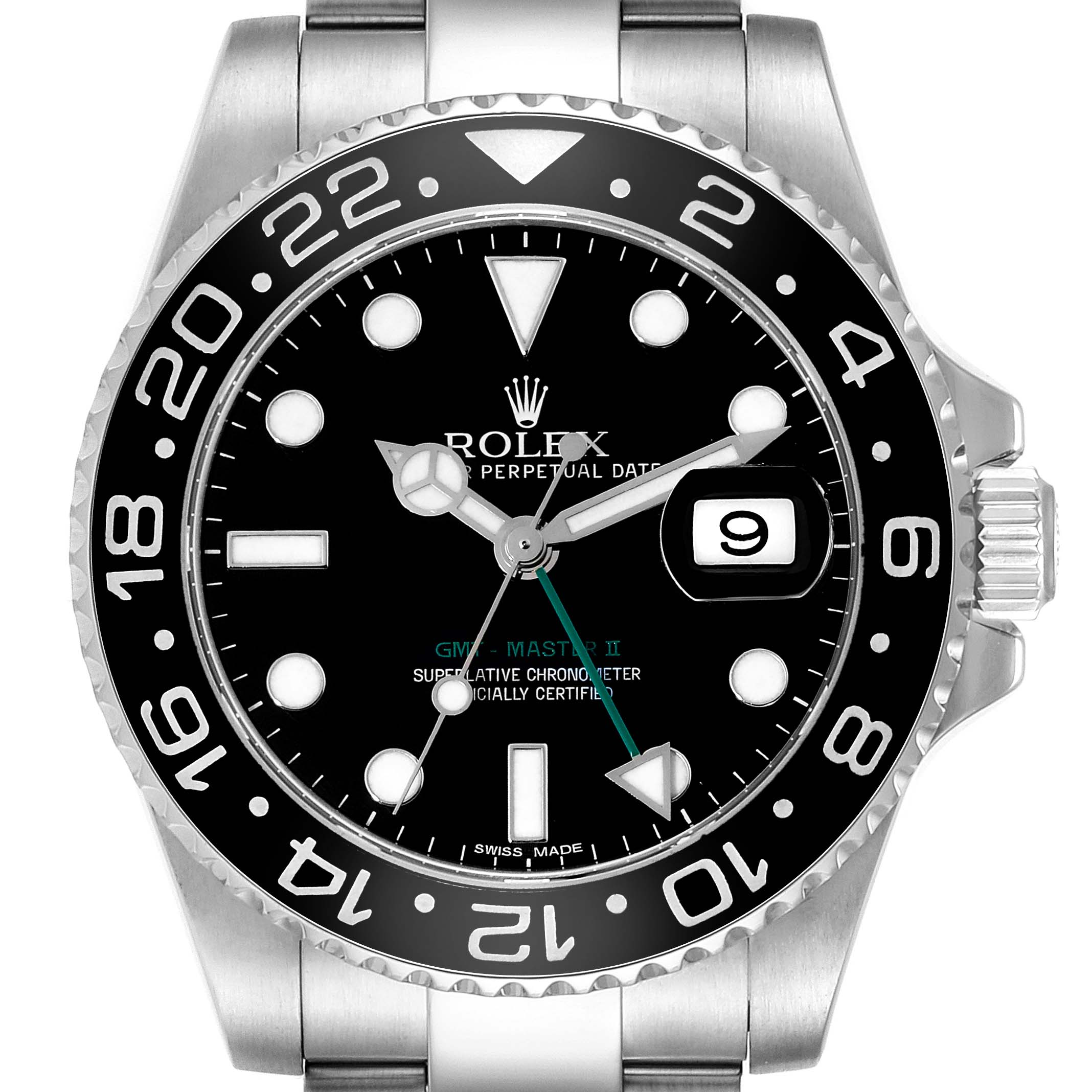 The image shows a front view of the Rolex GMT-Master 116710LN Men
s Stainless Steel Black Dial 116710LN Men
s Stainless Steel Black Dial II watch, highlighting its dial, bezel, and date window.