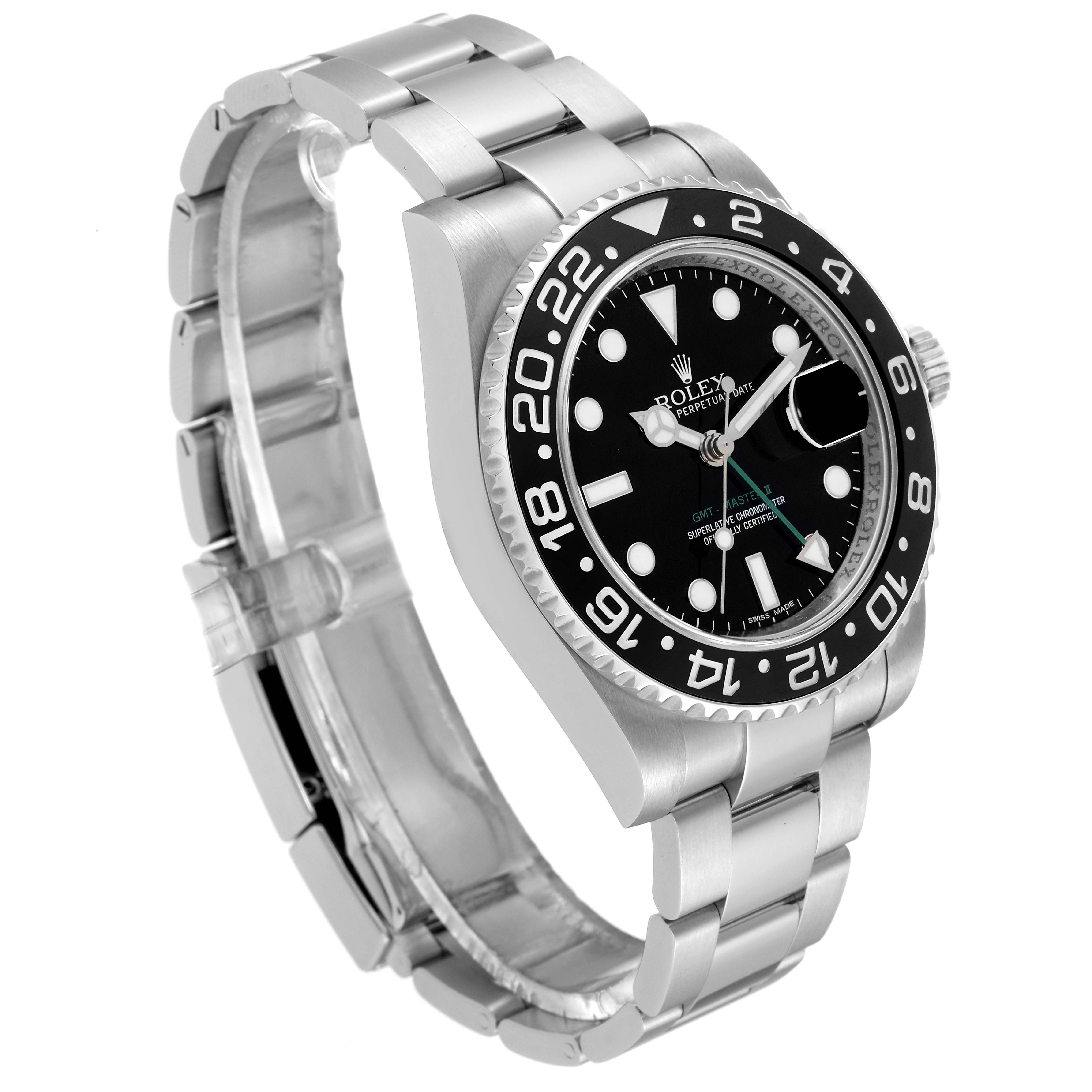 This image shows a Rolex GMT-Master 116710LN Men
s Stainless Steel Black Dial 116710LN Men
s Stainless Steel Black Dial watch taken from an angled side view, displaying its bezel, face, and bracelet.