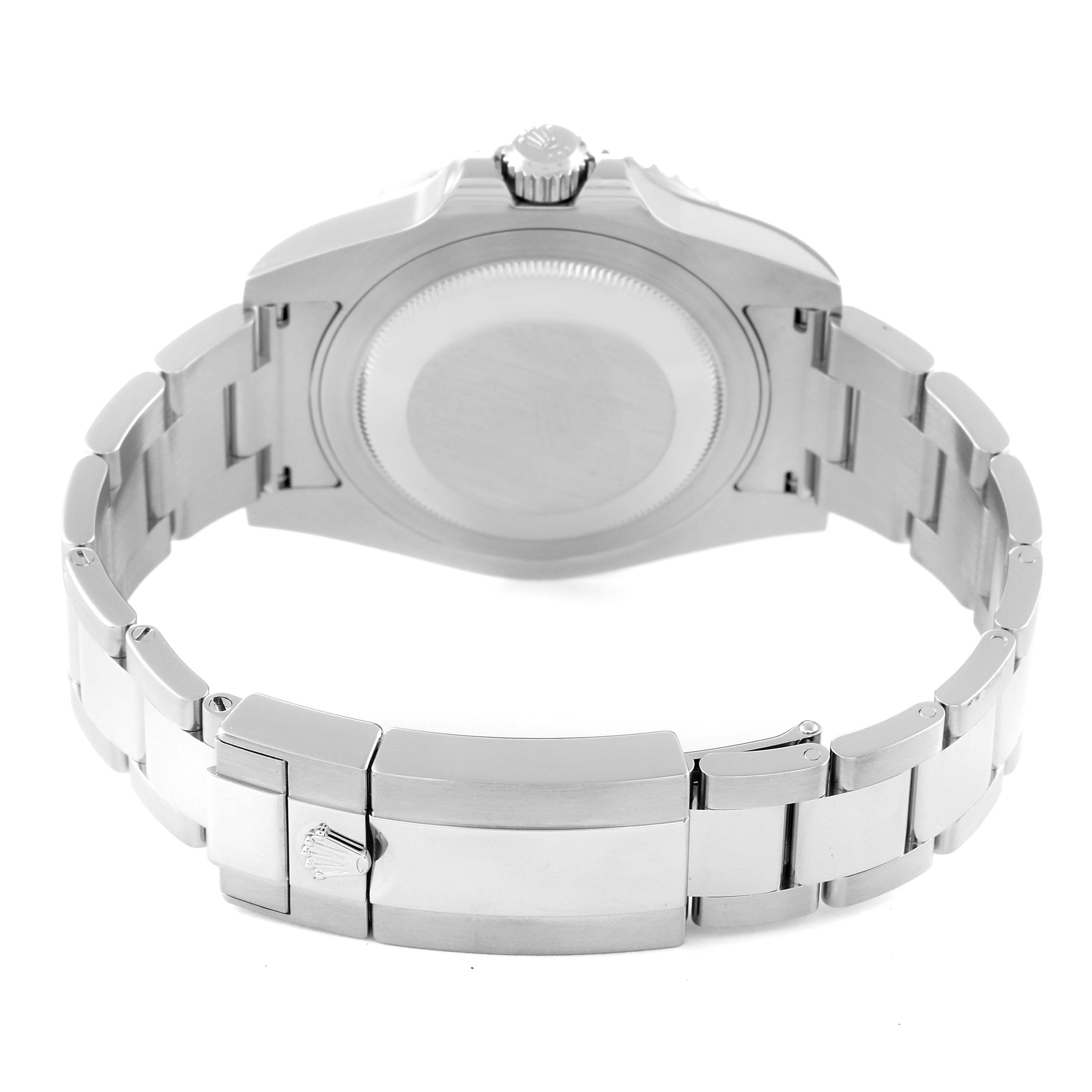 This image shows the back case and bracelet clasp of a Rolex GMT-Master 116710LN Men
s Stainless Steel Black Dial 116710LN Men
s Stainless Steel Black Dial watch from a rear angle.