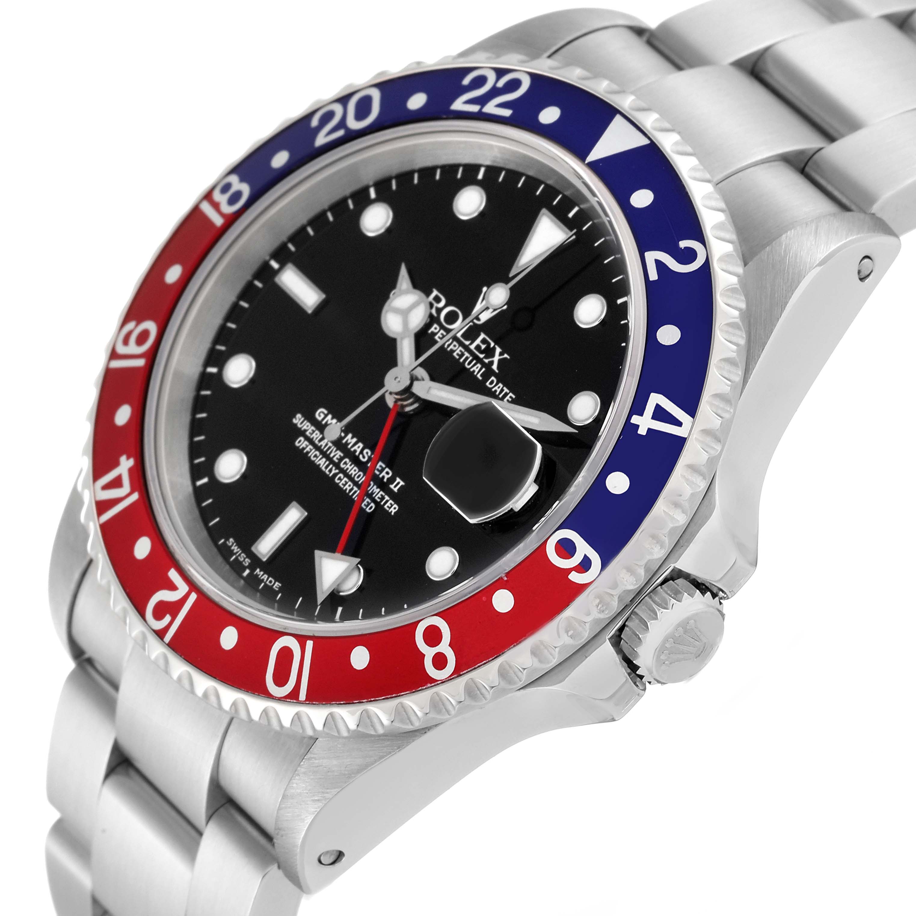 This image shows a Rolex GMT-Master 16710 Men's Stainless Steel Black Dial 16710 Men's Stainless Steel Black Dial watch at an angle highlighting the dial, bezel, crown, and part of the bracelet.