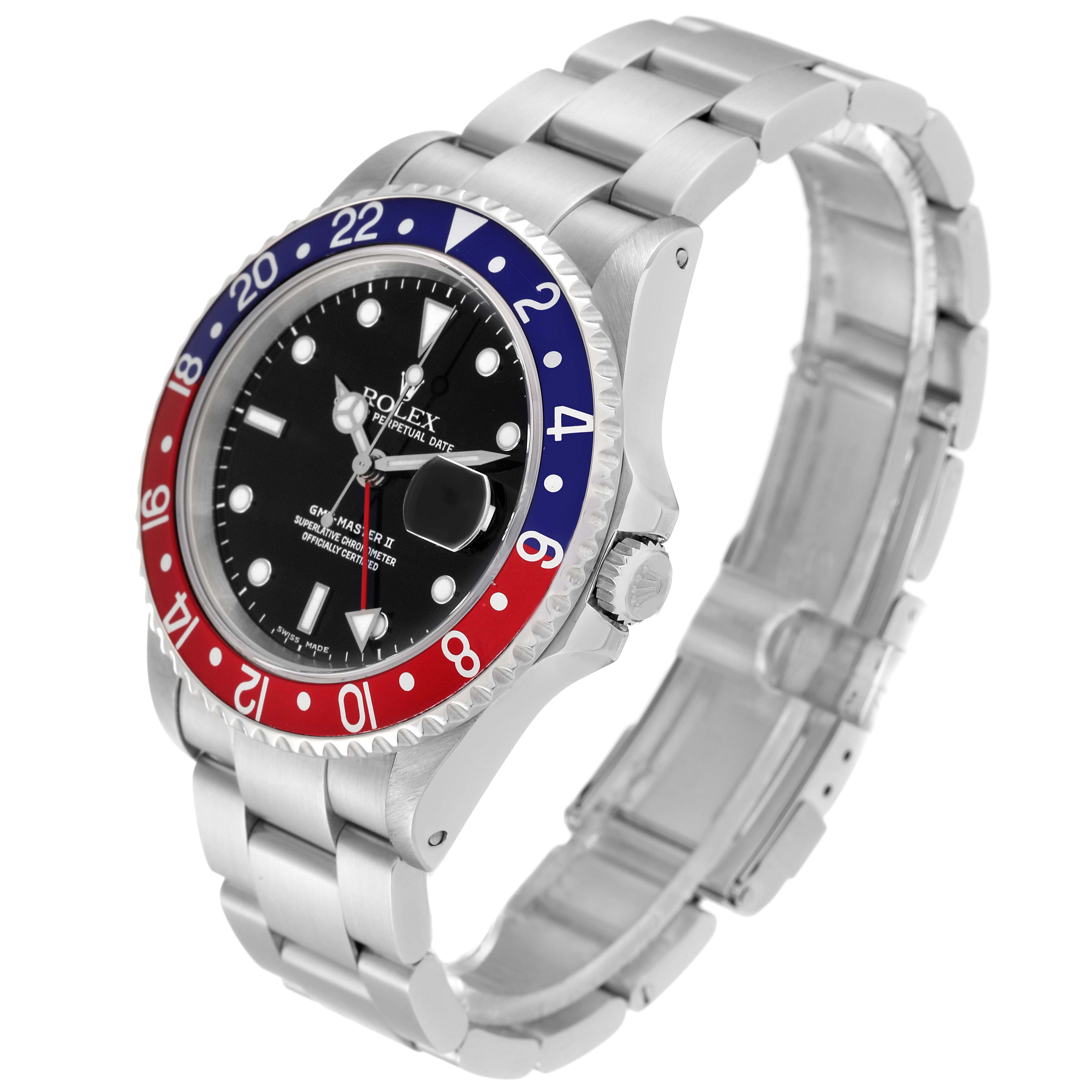 The Rolex GMT-Master 16710 Men's Stainless Steel Black Dial 16710 Men's Stainless Steel Black Dial watch is shown at a three-quarter angle highlighting its bezel, dial, and bracelet.