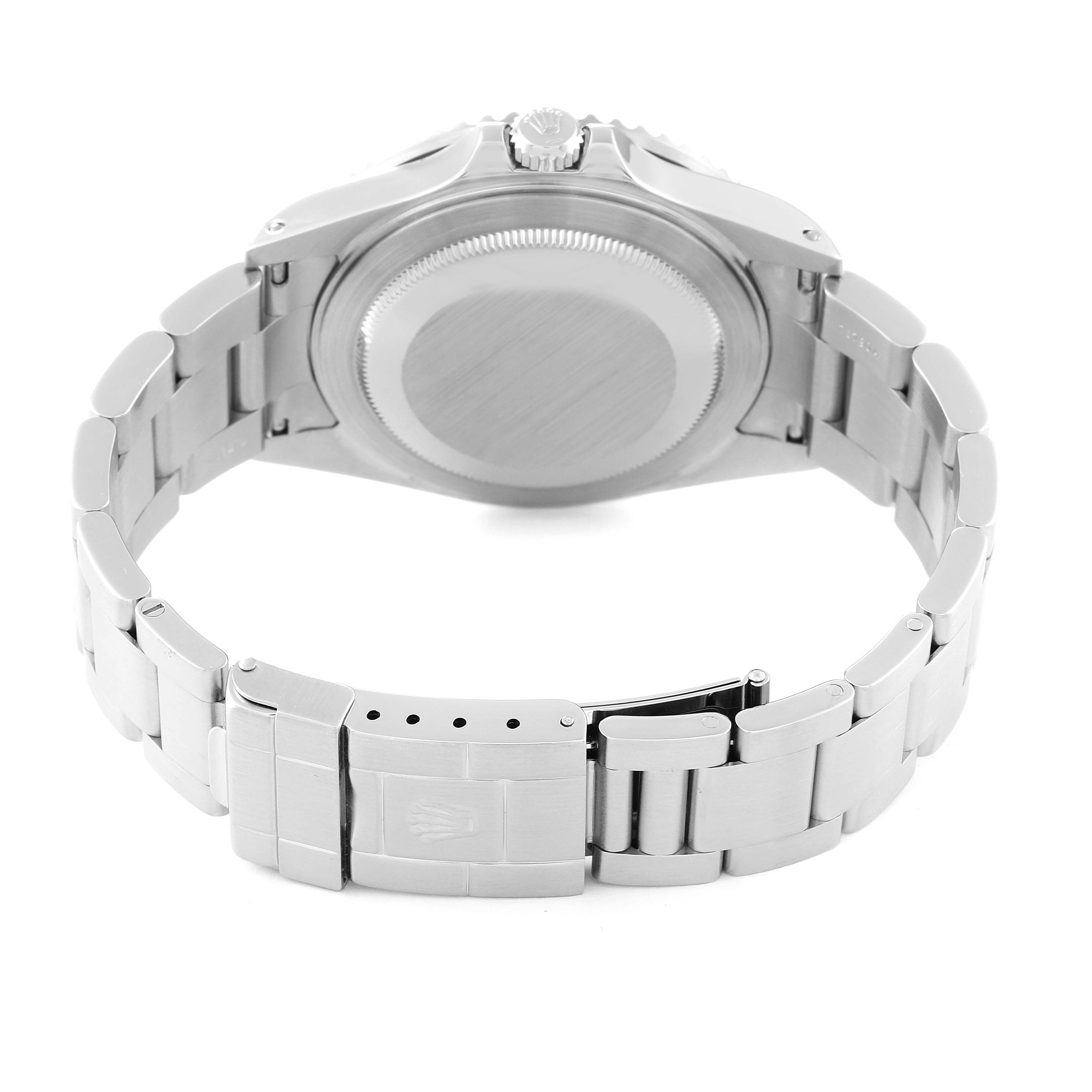 This image shows the back case and metal bracelet of a Rolex GMT-Master 16710 Men's Stainless Steel Black Dial 16710 Men's Stainless Steel Black Dial watch from a rear angle.