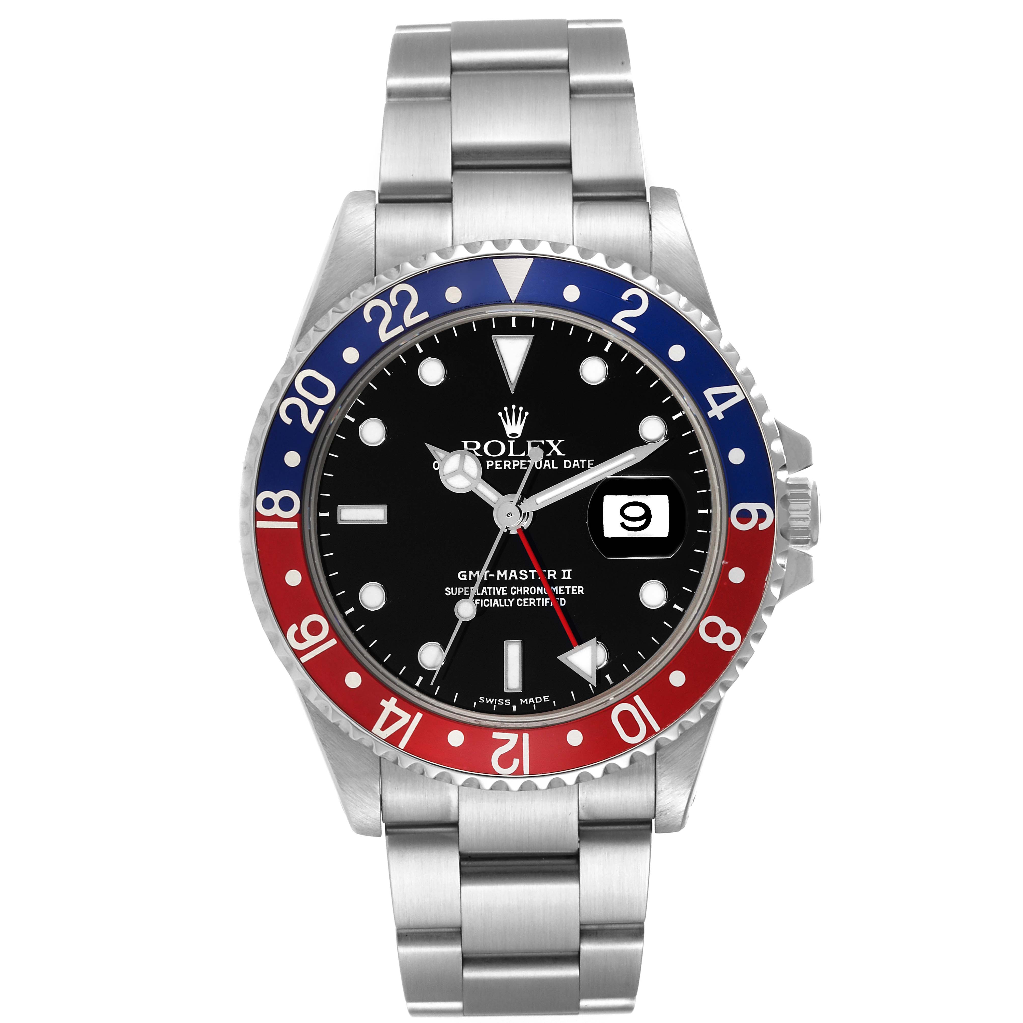 The image shows a frontal view of a Rolex GMT-Master 16710 Men's Stainless Steel Black Dial 16710 Men's Stainless Steel Black Dial II watch featuring a black dial and a red and blue bezel.